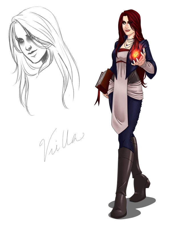 A drawing a my OC Vrilla, a light skinned woman with long straight red hair and heavy dark eye makeup. She wears a short dark blue leather coat over a long tunic like pink shirt over a grey corset style top, blue pants and tall dark brown grey leather boots. She has a book in one hand and holds a fireball in the other.