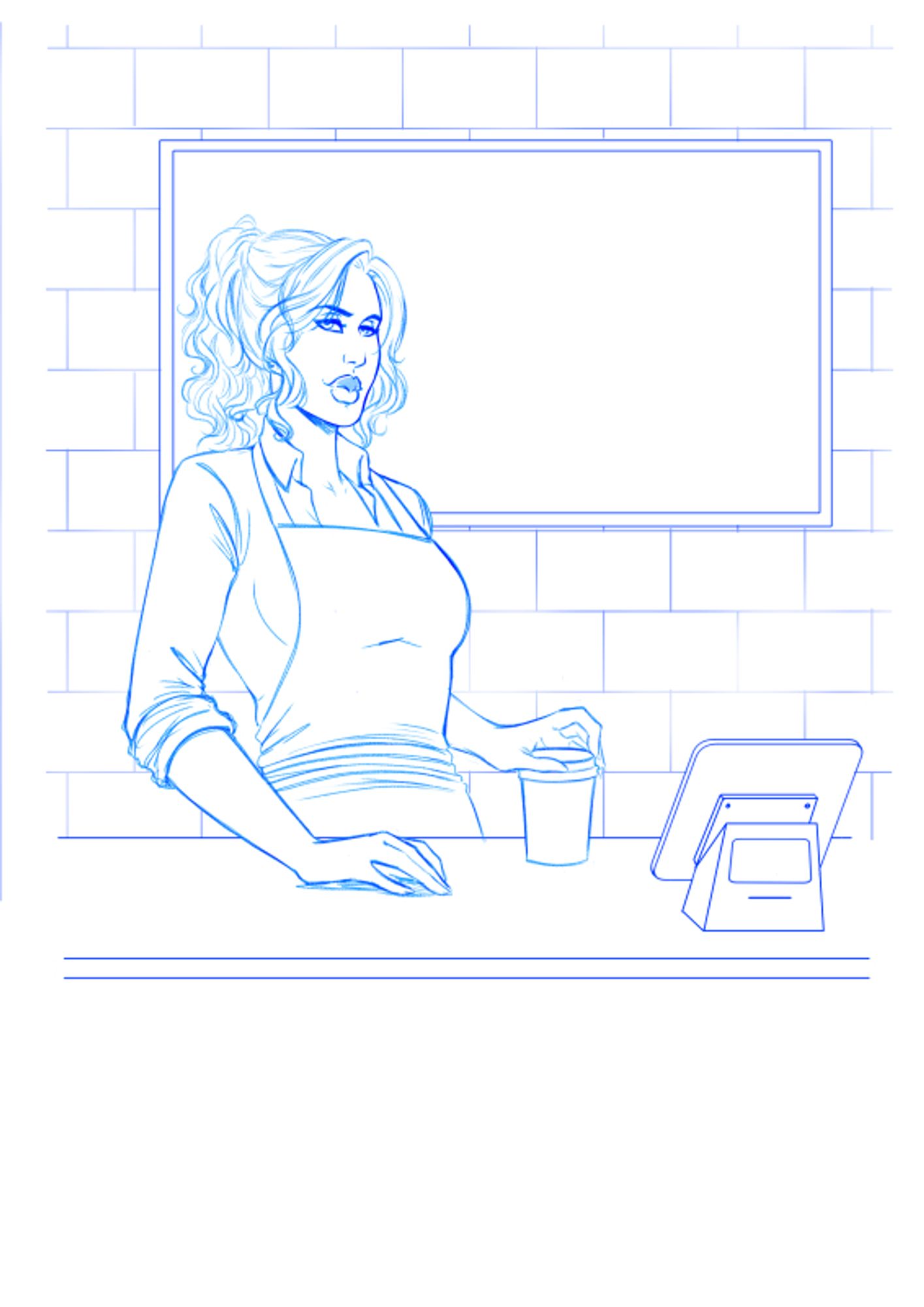 A sketch of a woman (Tass) behind the counter of a coffee shop wearing an apron