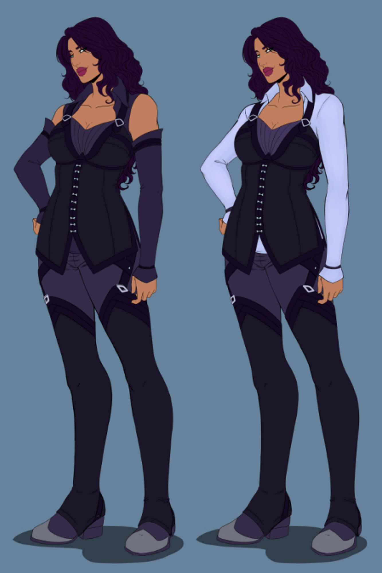 An illustration showing a character in two version of an outfit. The character is a tan skinned woman with long purple wavy hair and full lips. On the left she wears a tuning style vest with shoulder straps, on the right there's a white shirt under the vest.