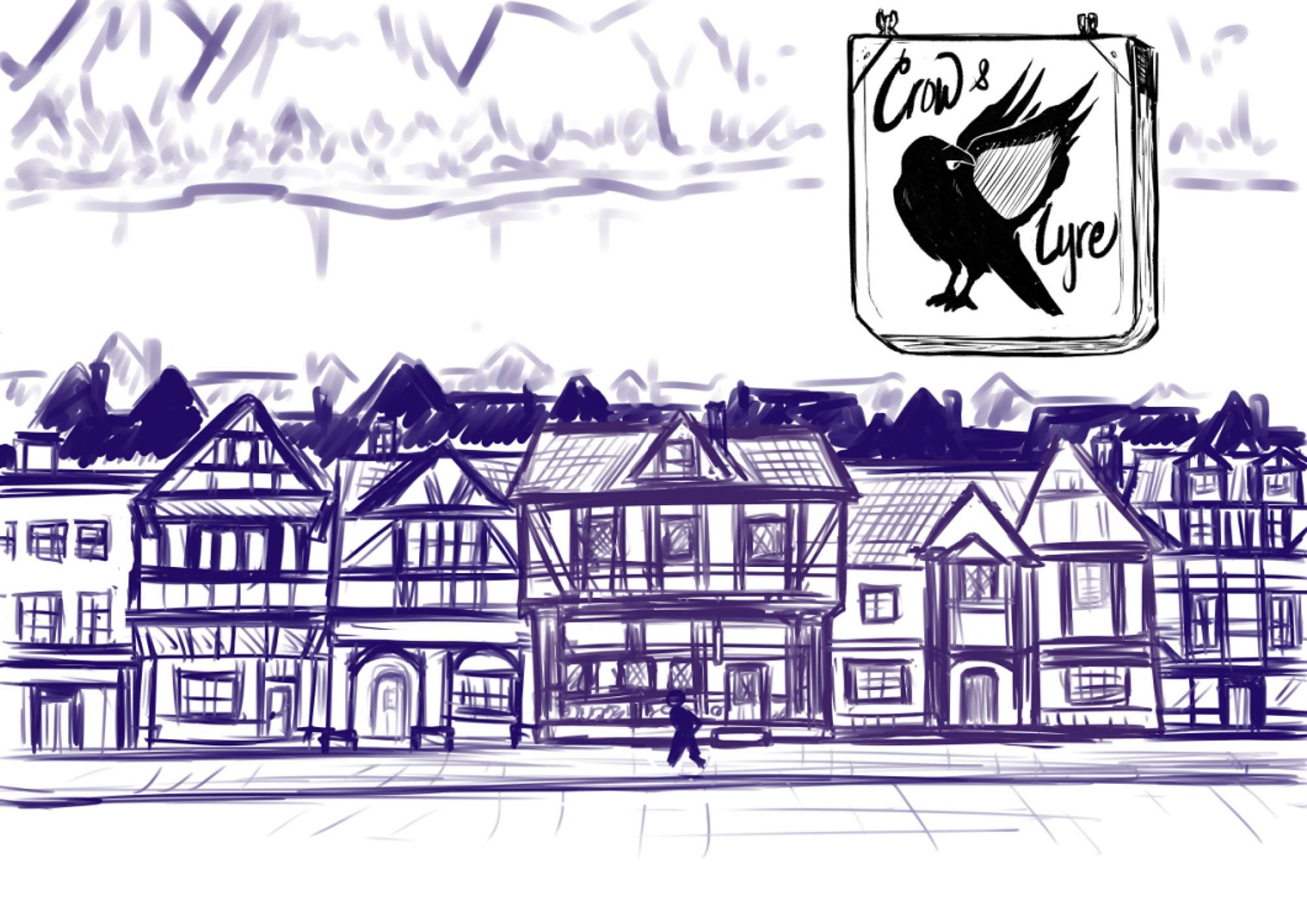 A sketch in blue of a turdor style street, rows of building can be seen fading into the distance, mountains on top of a ridge in the background, a single silhoutted figure walks down the street and a sign for the "crow and lyre" is shown in detail in the upper right