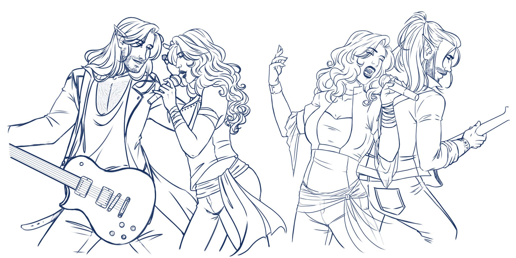 Two sketches of a woman (Tass) with long curly hair and various singing poses and a man (Vale) next to her playing guitar