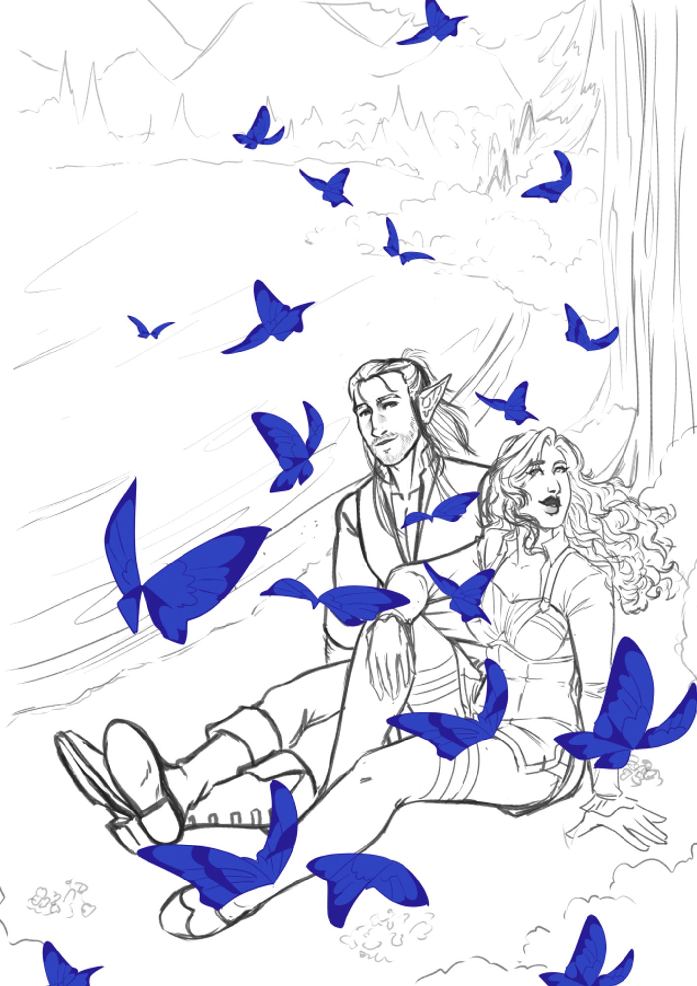 A sketch of two people sitting on a lake shore with a forest and mountains in the background. A man and woman sit under the trees watching a kaleidoscope of butterflies rise into the air.