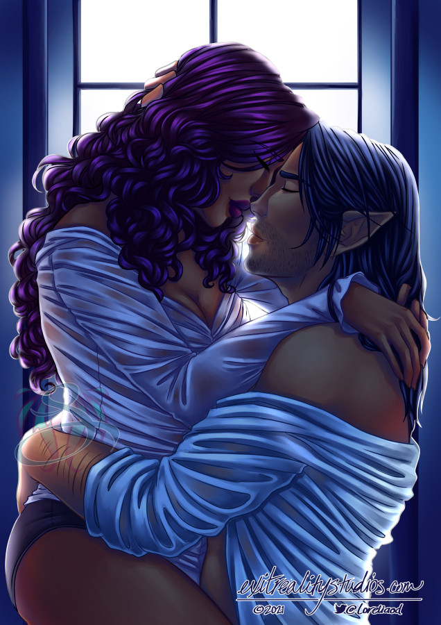 A digital painting of a couple in a dark room in front of a bright window. The woman has tan skin with curly purple hair, the man is an elf with straight dark blue hair. They're in a romantic embrace, the woman in the man's lap. Both are wearing bunched white shirts mostly off their shoulders.