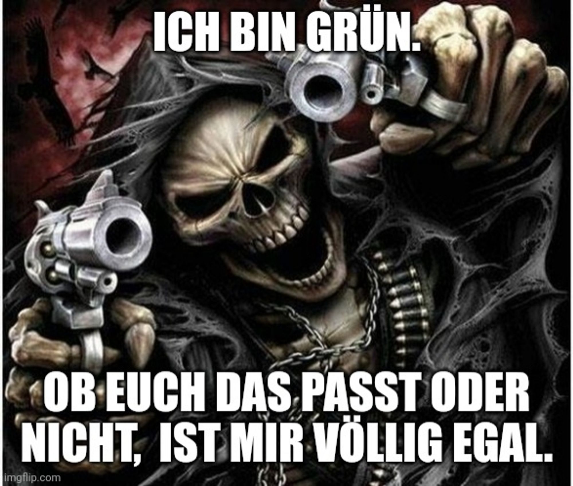 Badass Skeleton Meme. Oben: ich bin grün. Unten: Ob euch das passt oder nicht,  ist mir völlig egal