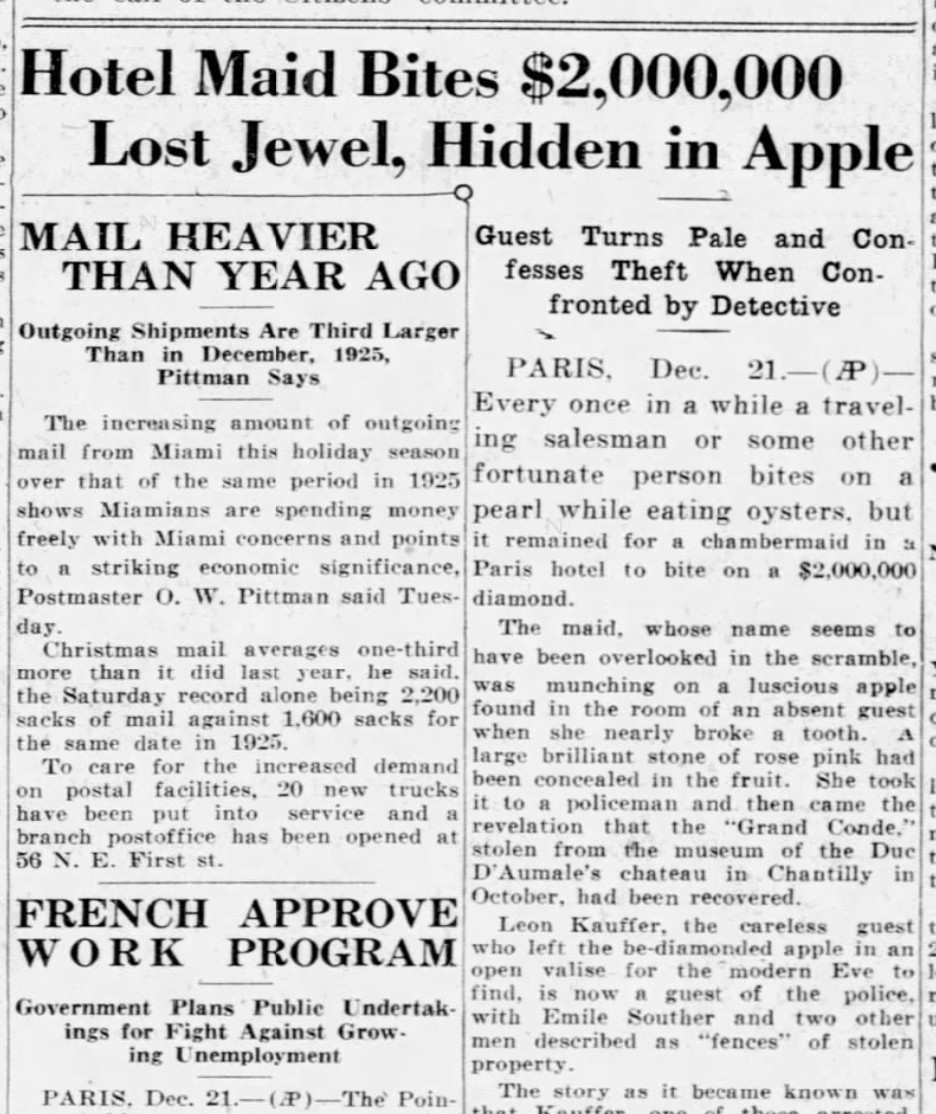 screenshot of portion of a newspaper article, entitled, "Hotel Maid Bites $2,000,000 Lost Jewel Hidden in Apple"