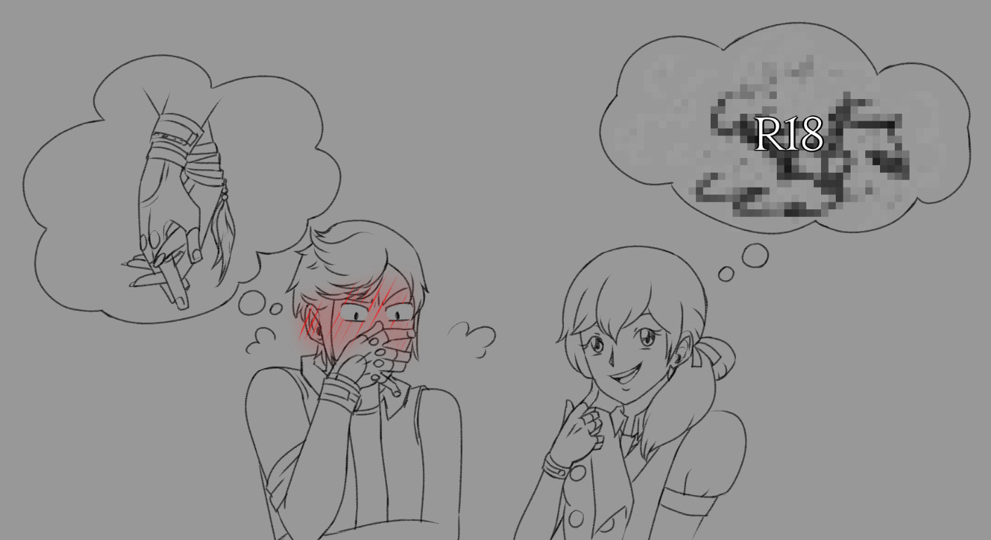 doodle meme redraw of prompto from final fantasy xv on the left blushing thinking about holding hands, his face and ears red. his right hand is over his mouth and nose. the character on the left has a smile on her face as she looks up -- she is thinking about lewd things and has her right index finger pressed against her cheek.