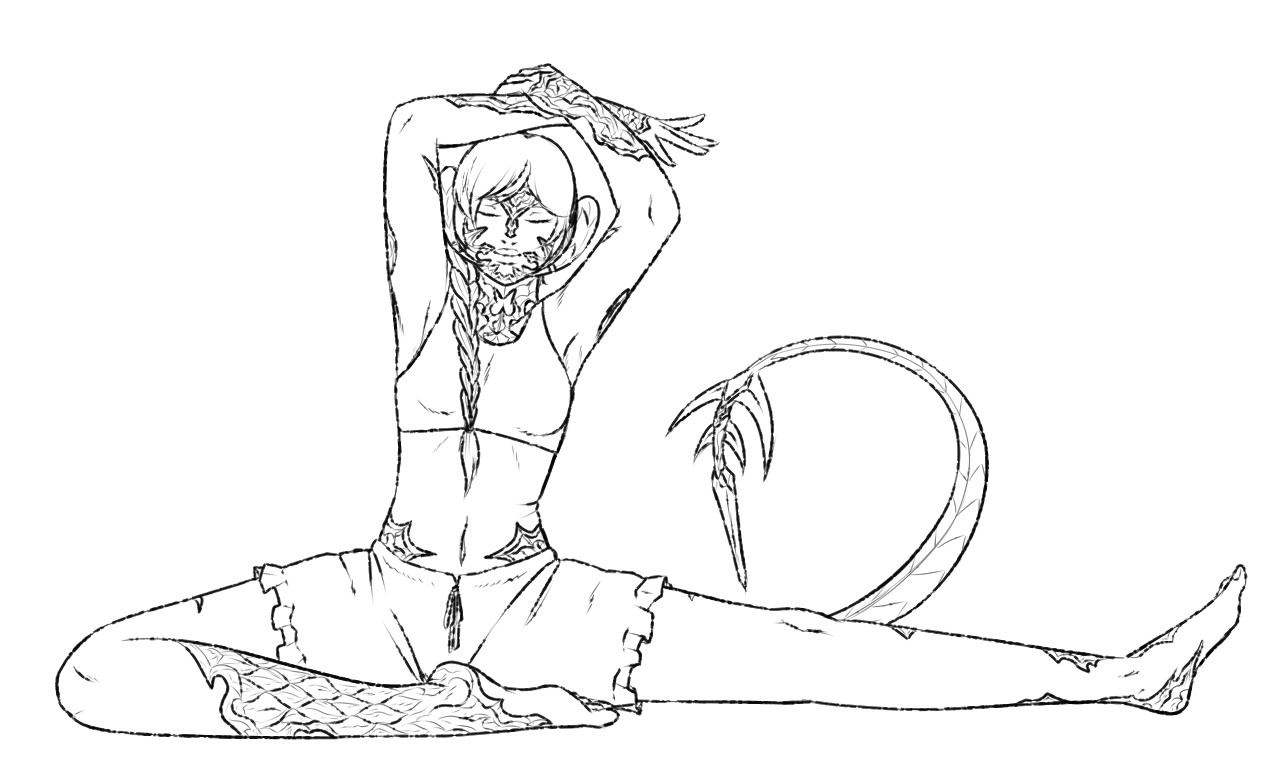 a rough lineart of the same xaela woman. her braid is pulled over her right shoulder as she stretches her arm over her head and is leaning somewhat to her left. her eyes are closed and she has a smile on her face. she has her right leg tucked in before her, and her left leg out to her side with her stretch. her tail is curled in a notable arc that kind of makes it look like the capital letter 'D'