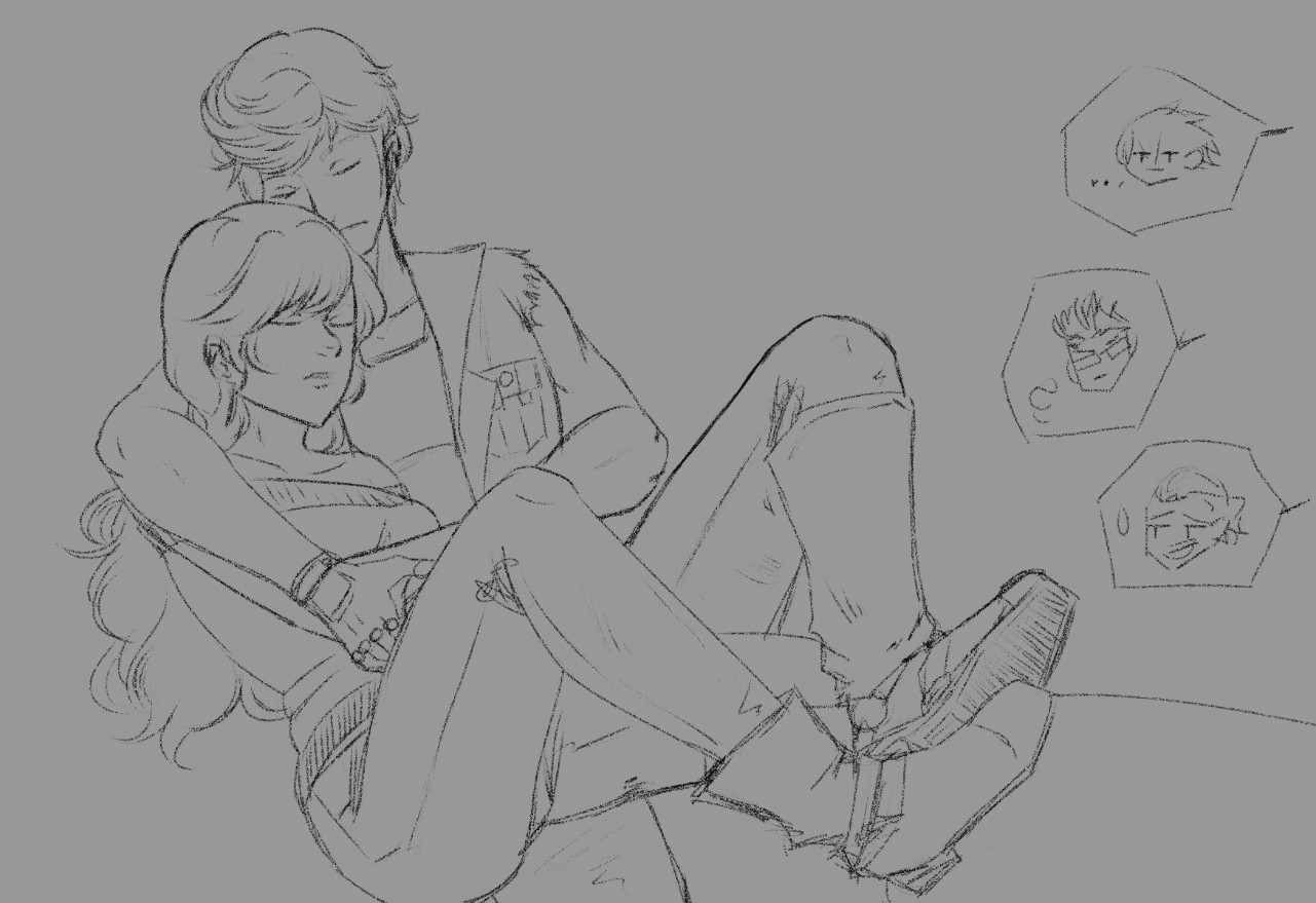 a messy sketch of prompto and a female character. there's no real defined background, but they're both sitting. the female character is leaning against prompto a bit, his arms around her. they both have one foot up on something. they also appear to be taking a nap. there are three bubbles with messy chibi heads in them depicting noctis, ignis, and a male oc in various expressions ranging from potentially indifference, annoyance, and sheepishness.