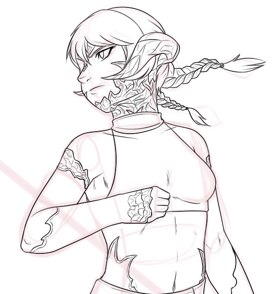 a lineart work in progress of the same xaela woman. her hair is shorter and in twin braids behind her. she is wearing a top that stops just at her mid-ribcage. her scales are not fully lined on her arms.