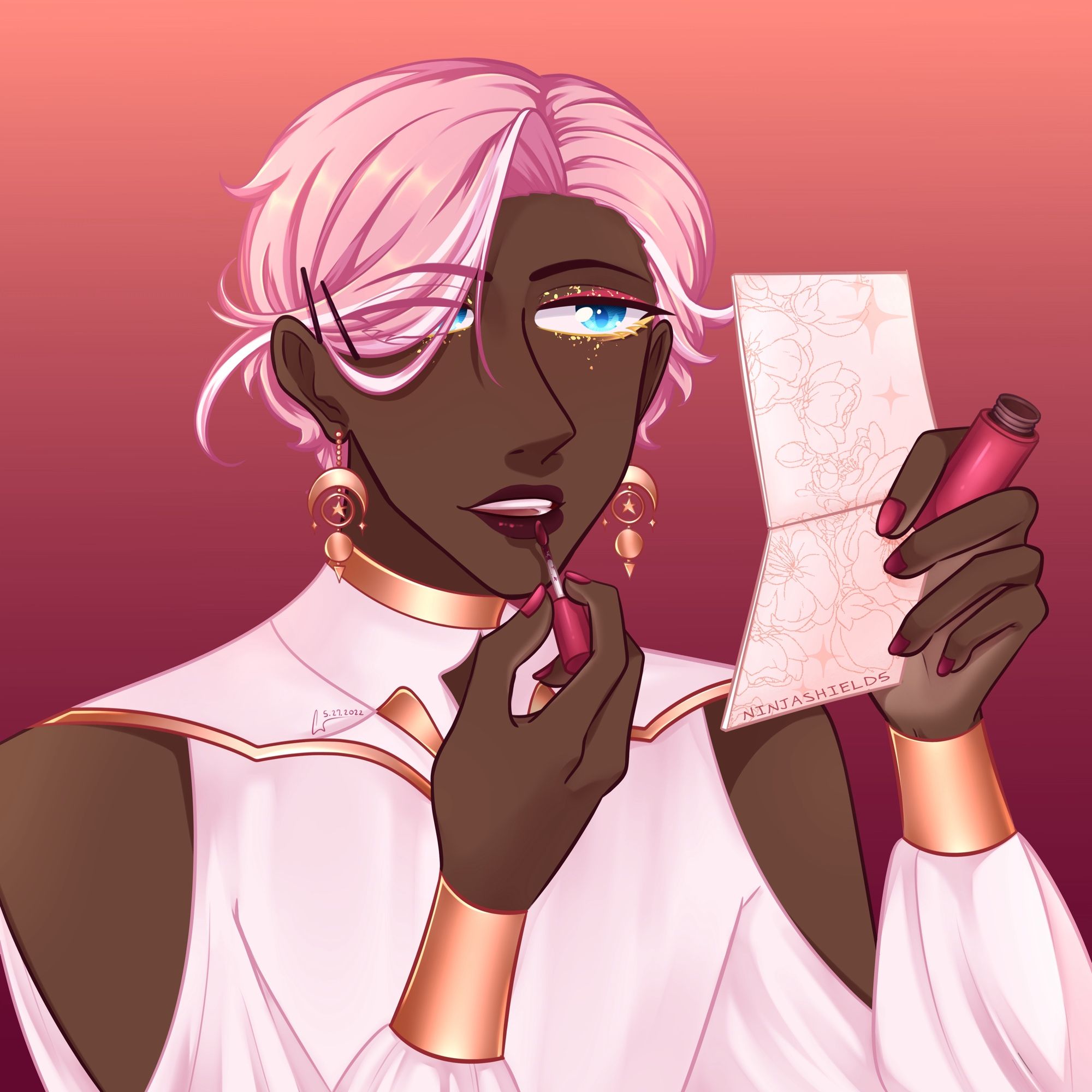 Digital illustration: OC Emrys: They are a human with brown skin, blue eyes, and short pink hair streaked with white. They have rose gold earrings, and they have pink and gold glittery eye makeup. They are looking into a compact mirror and applying lipstick.