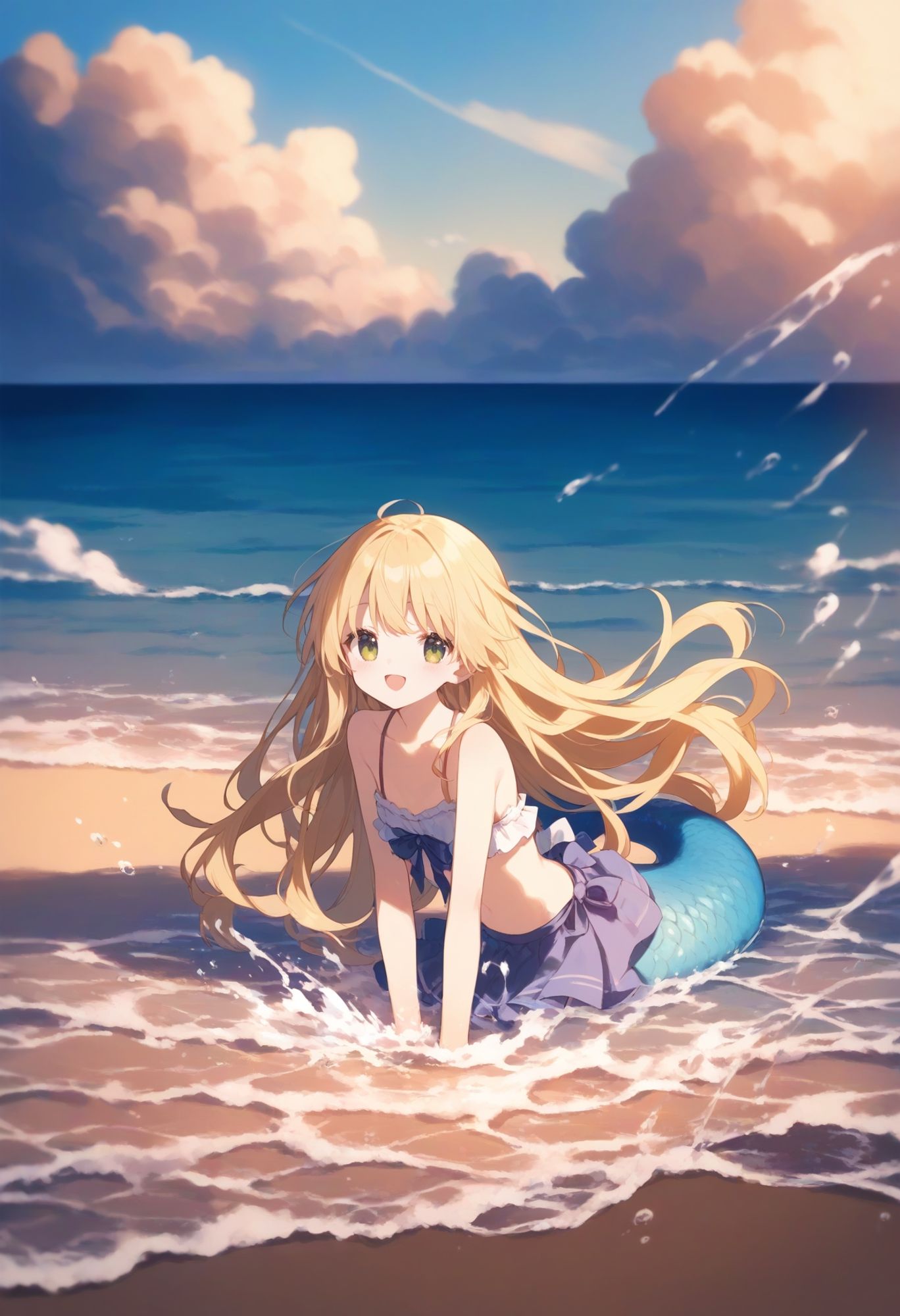 score 9, score 8 up, score 7 up BREAK source anime, best quality, masterpiece,
1girl, black thighhighs, small breasts, mermaid, blonde hair, long hair, blue tail, smiling, playful, splashing water, beach, ocean, sky, clouds, sunny, gentle breeze, sitting on sand, happy, relaxed, bright colors, soft lighting, detailed background, fantasy, anime style, outdoors, flowing hair, cheerful, cute<lora:artstyle001p:0.5>
Negative prompt: rating explicit, nsfw, nude, breasts, nipples, pussy, panties, uncensored, censored, rbi, hsn, bol, ilr, (score 4, score 3, score 2, score 1), border, worst quality, low quality, (simple background:1.3), white background, realistic, sketch, muscle, normal quality, jpeg artifacts, depth of field, blurry, messy drawing, amateur drawing, lowres, bad anatomy, bad hands, text, error, missing fingers, fewer digits, extra digits, cropped, greyscale, monochrome, (source furry, source pony, source cartoon:1.2), comic, source filmmaker, video, 3d, thick thighs, huge ass, bare legs, (barefoot:1.2), asymmetrical legwear, (lace-trimmed legwear:1.2), (stirrup legwear:1.2), lace-trim
Steps: 20, Sampler: Euler a, Schedule type: Automatic, CFG scale: 4, Seed: 1739178429, Size: 832x1216, Model hash: e7a6f4b27c, Model: ebara_pony_3, VAE hash: 235745af8d, VAE: sdxl_vae_fp16_fix.safetensors, Denoising strength: 0.4, Clip skip: 2, ENSD: 31337, RNG: CPU, ADetailer model: face_yolov8n.pt, ADetailer confidence: 0.3, ADetailer dilate erode: 4, ADetailer mask blur: 16, ADetailer denoising strength: 0.4, ADetailer inpaint only masked: True, ADetailer inpaint padding: 64, ADetailer use inpaint width height: True, ADetailer inpaint width: 1536, ADetailer inpaint height: 1536, ADetailer use separate steps: True, ADetailer steps: 10, ADetailer version: 24.6.0, Hires checkpoint: ebara_pony_1 [3c33e4d504], Hires upscale: 1.5, Hires steps: 8, Hires upscaler: 4x_foolhardy_Remacri, Lora hashes: "artstyle001p: 3eb4842efade", Emphasis: No norm, Eta: 0.67, Version: f1.0.2-v1.10.1RC-latest-689-gac47a374