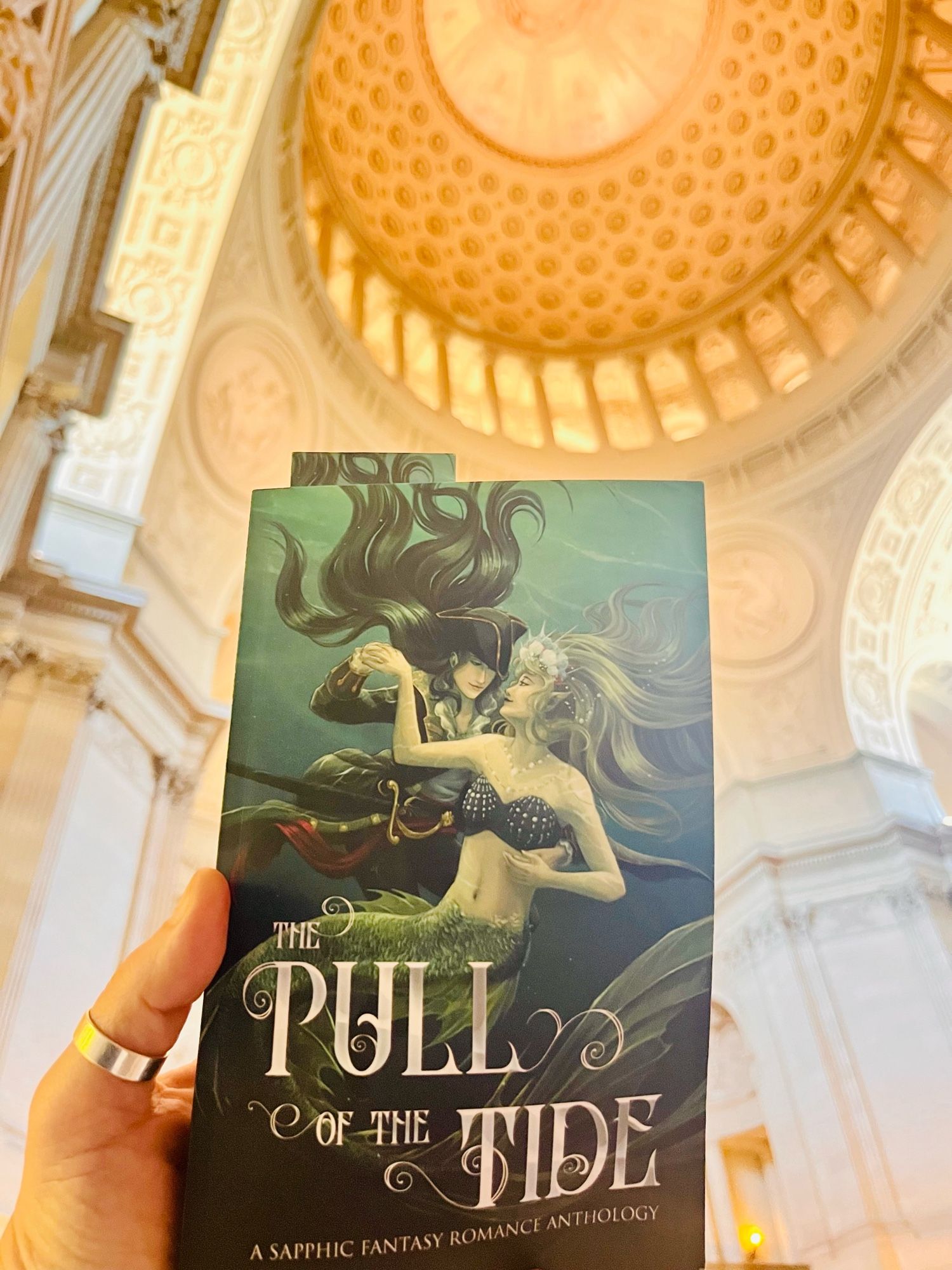 A copy of The Pull of the Tide held up against the sunlit interior of City Hall.