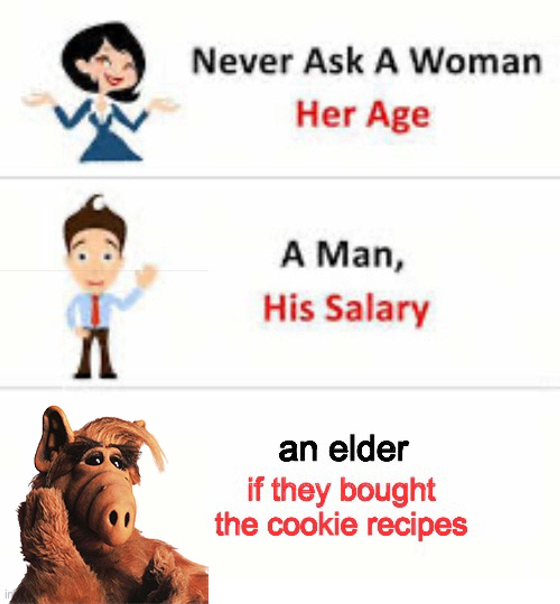 a meme that has three panels

panel 1: never ask a woman her age, with an illustration of a woman
panel 2: a man, his salary, with an illustration of a man
panel 3: an elder, if they bought the cookie recipes, with a photo of alf, a brown hairy alien