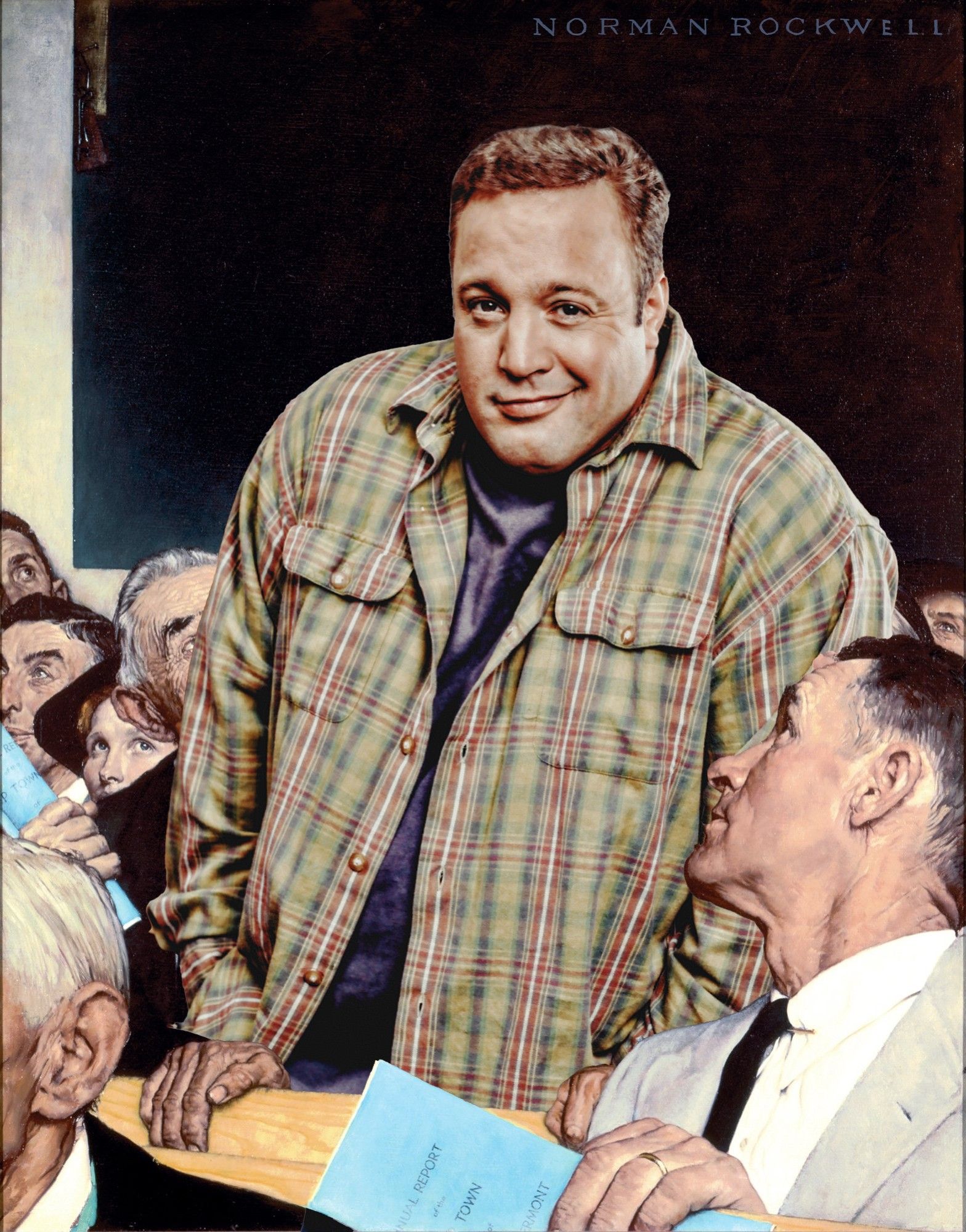 kevin james looking cheeky in the norman rockwell painting with the guy standing up to bravely say something