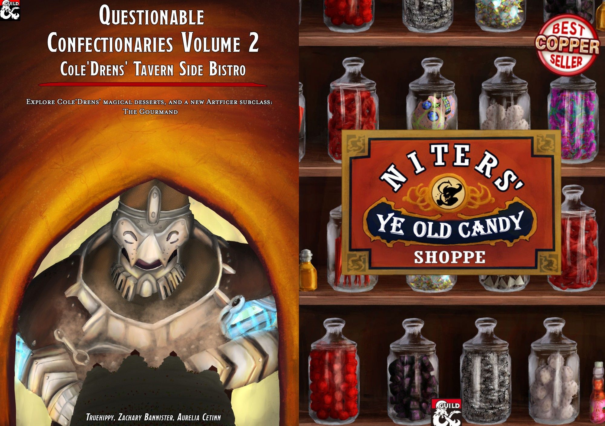 covers for questionable confectionaires vol 1 & 2 
coldren tavern side bsitro and ntiers ye old candy shoppe

on left is robot bakign cake in urance
right is a list of candies in jars