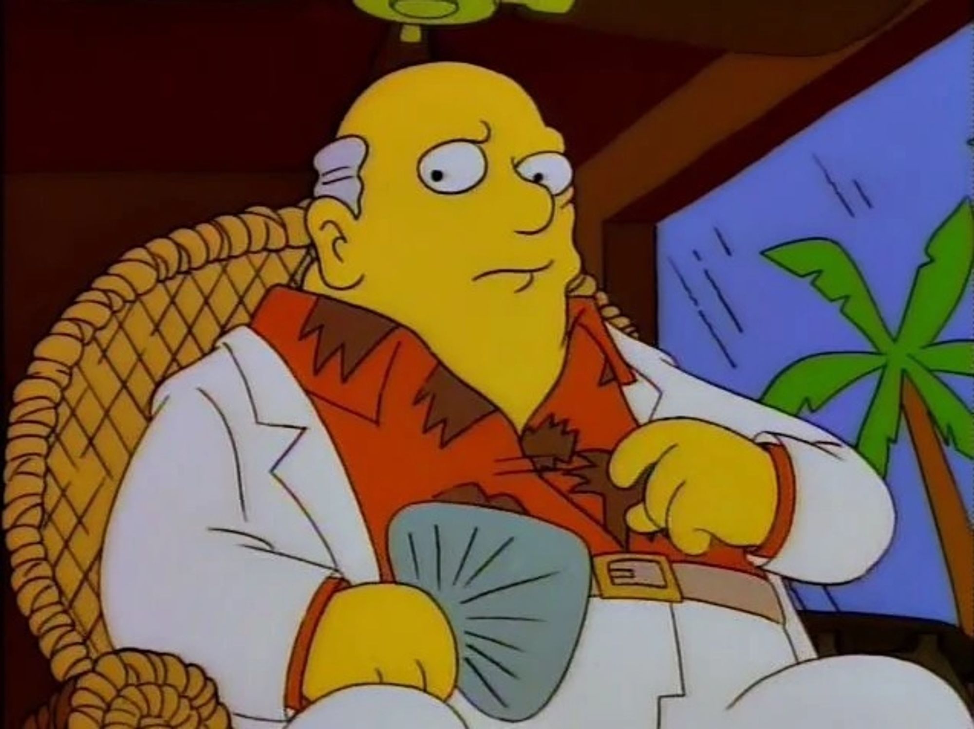 A Simpsons Reference: the overweight cayman islands bank administrator, wearing a red hawaiian shirt in a white blazer and white pants fanning himself as he mutters to himself "oh crap, I definitely shouldn't have said it was illegal" from the episode where krusty the clown gets in trouble for tax evasion