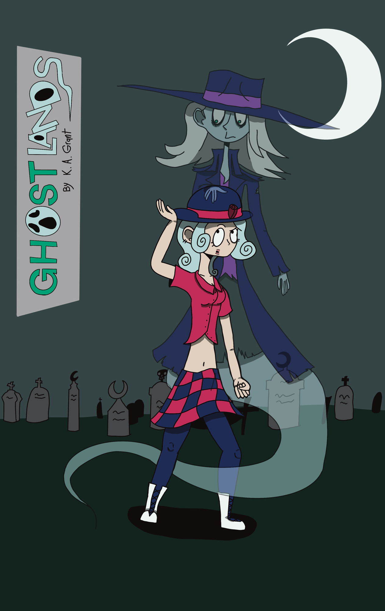 A girl in strange clothes and a bowler hat standing in a graveyard at night, with a ghost hovering above her.