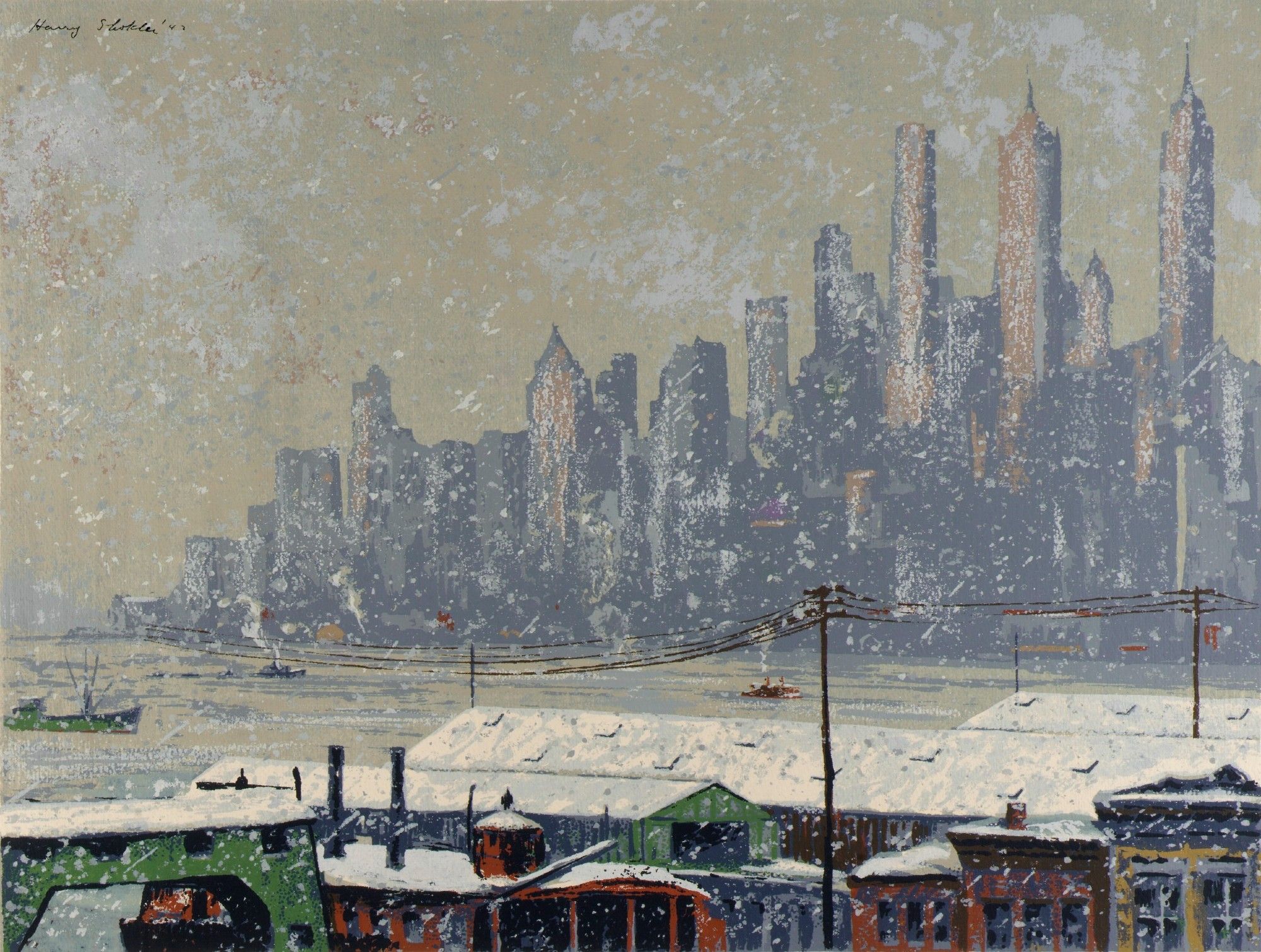 “Skyline” 1942 by Harry Skokler [American, 1896–1978] 
In this color screen print the Manhattan skyscrapers appear again, however this time they dominate the image. Their mirage-like quality overshadows the snow-capped roofs of the vibrantly-colored industrial buildings in the foreground.