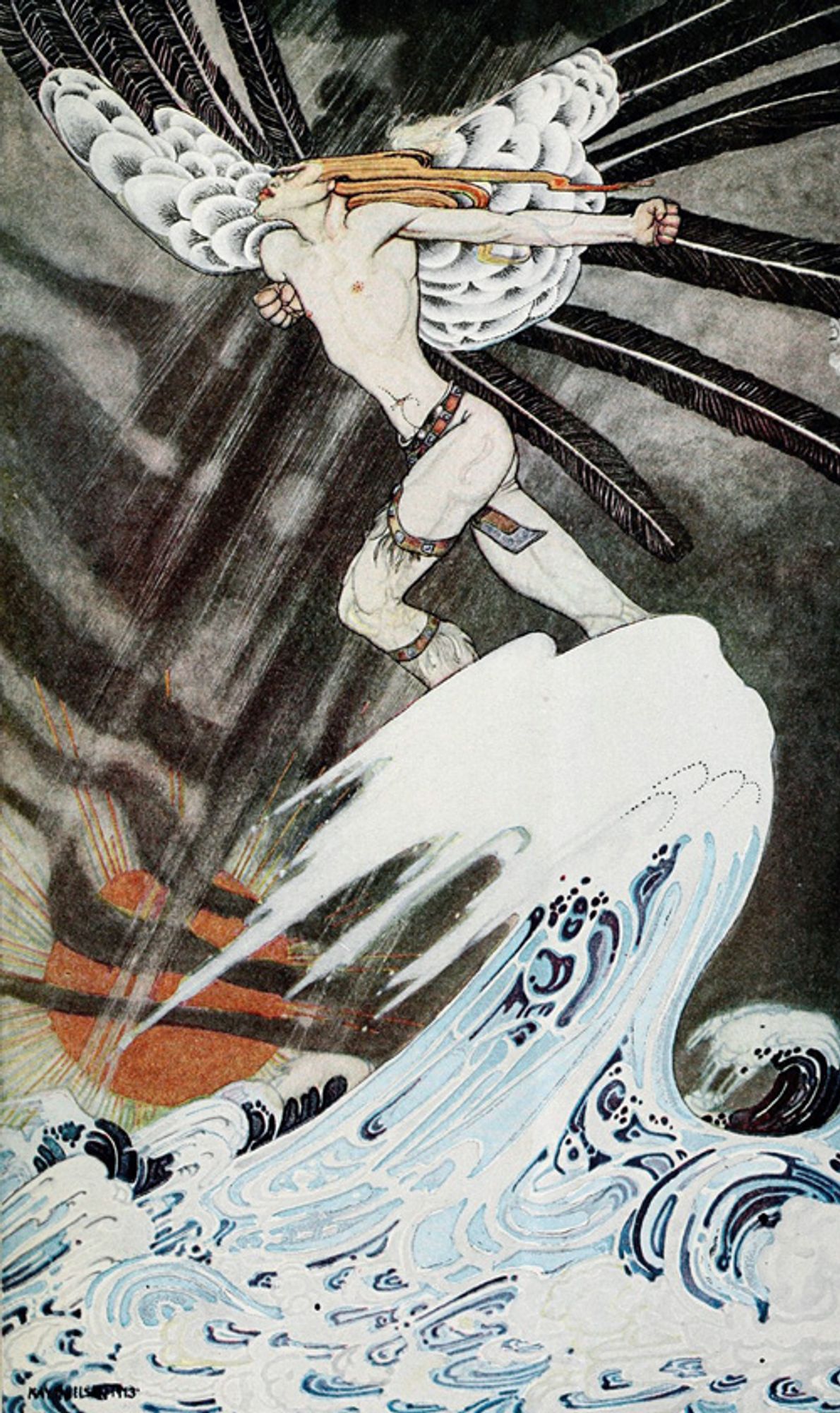 In this illustration, The North Wind (personified as a powerful man with long red hair) holds a power pose while flying over turbulent waves.