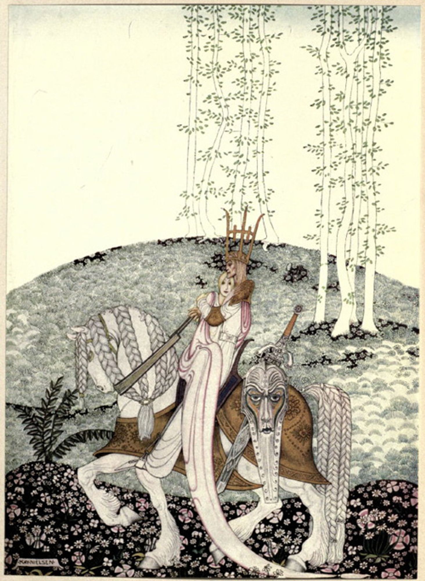 In this illustration a man and a woman ride a white steed. A small hill rises behind them. The woman is cradled in the man’s lap. Her long gown drags along the ground. The man’s visage is skull-like & he wears a long openwork crown. The steed’s mane & tail are elaborately braided & behind the saddle, he carries a decorative broadsword & elongated shield with a highly stylized face carved in it.
     “The Lassie and the King riding home,” illustration for the Norwegian fairy tale “The Lassie and her Godmother,” from “East of the Sun and West of the Moon: old tales from the North,” 1914 by Kay Nielsen (Danish, 1886–1957)