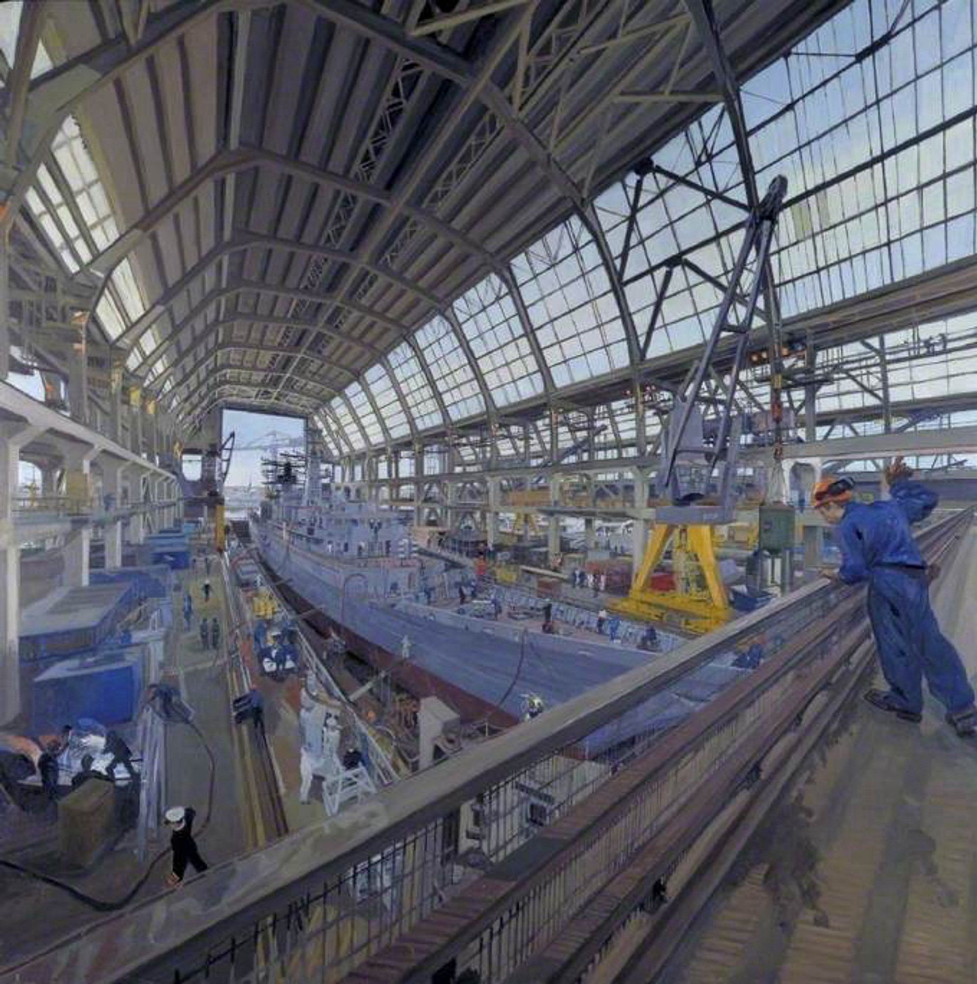 Refit, Devonport, by John Wonnacott. Oil on canvas, 1989, in the collection of the Imperial War Museum. The picture shows a navy frigate (I think) in an inclosed drydock, seen from a high gantry.