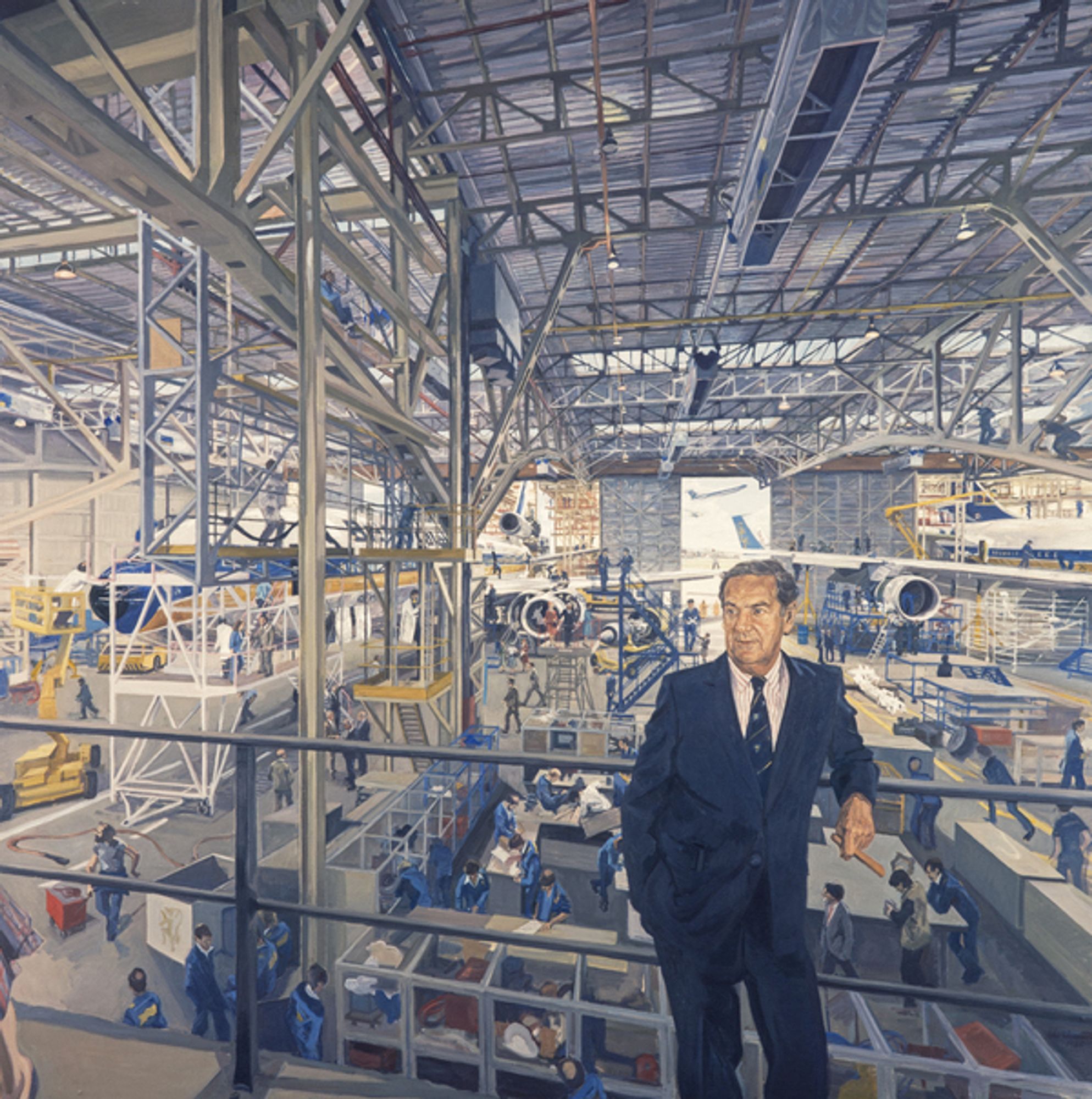 Portrait of Adam Thomson, by John Wonnacott. Oil in canvas, 1986. Adam Thomas was the founder of British Caledonian Airways and is shown here inside their hangar at Gatwick airport.