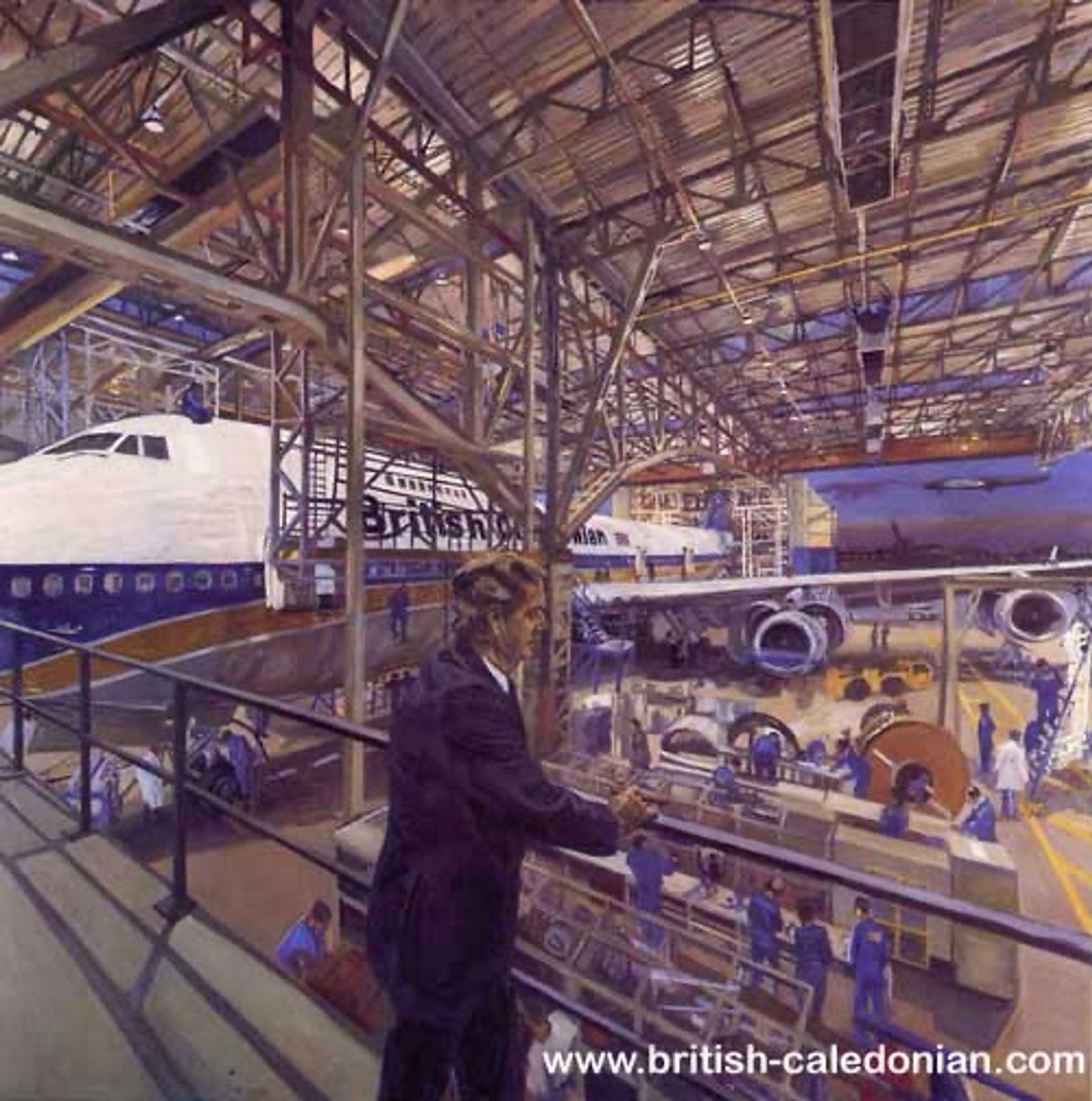 Portrait of John Adams, by John Wonnacott. Oil on canvas, 1986. Like the other painting, Adams is shown on a gantry in British Caledonian’s hangar number three at Gatwick airport. A B-Cal 747 is seen under maintenance in the background.