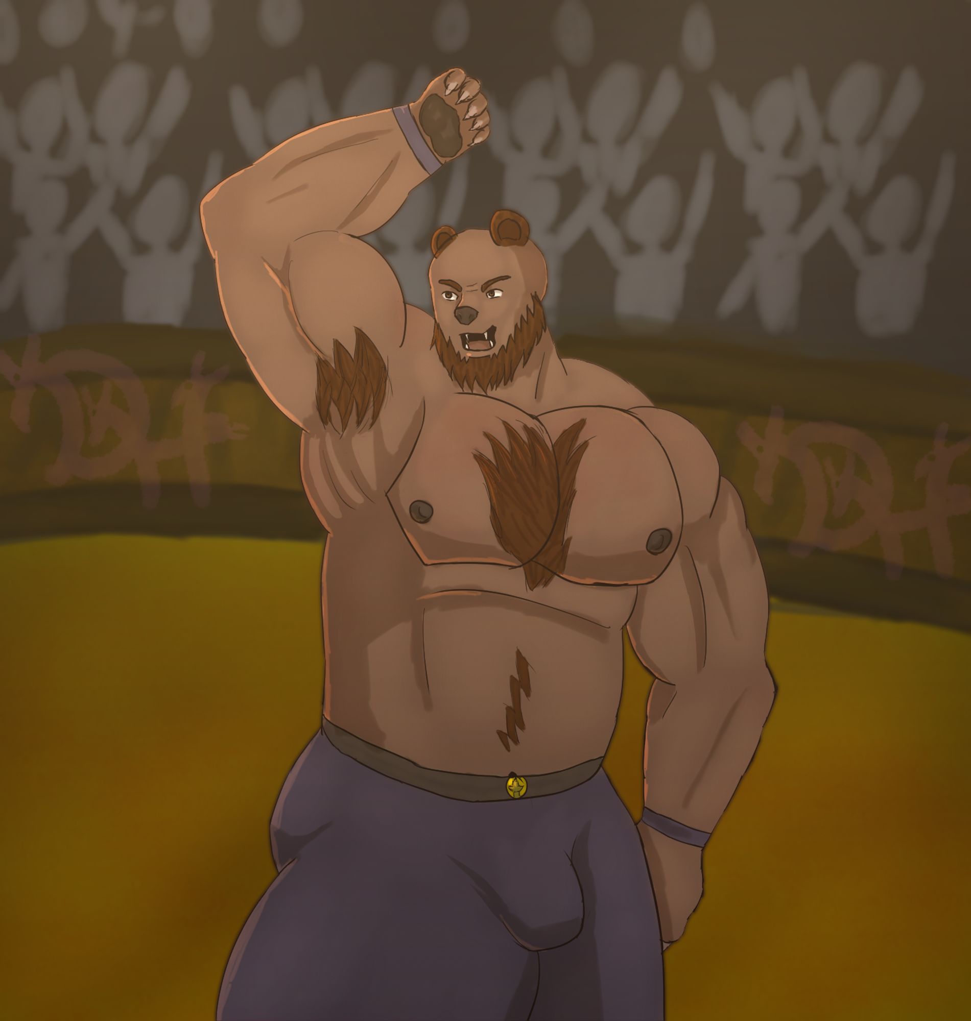 A Hybrid being(a human base with some animal features. He's part Bear: ears,nose, and paws) raising his paw in victory, with the crowd in the back.