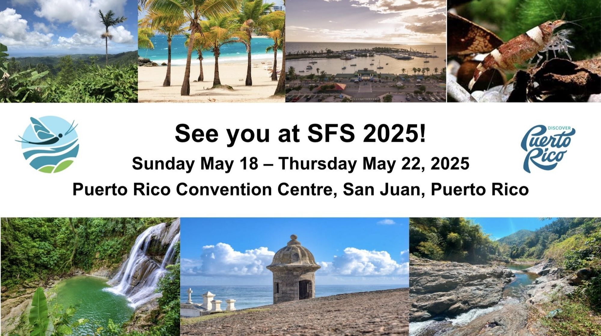 Images of Puerto Rican rainforest, beaches, rivers, and waterfalls with text that reads

See you at SFS 2025!
Sunday May 16 - Thursday May 22, 2025
Puerto Rican Convention Center, San Juan, Puerto Rico