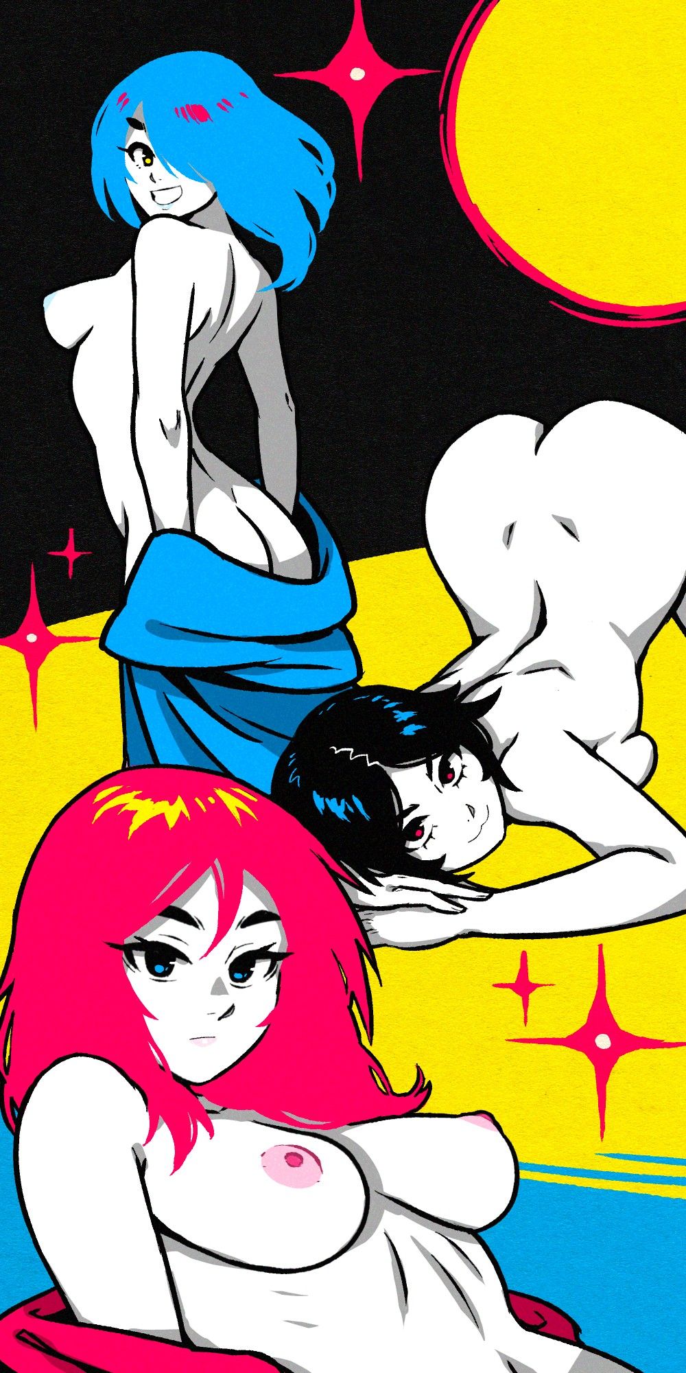 A stylized drawing of three original female characters, using a saturated but limited palette of white, black, magenta, yellow and blue. The woman at the bottom of the composition has shaggy shoulder-length magenta hair, flat eyes and a neutral expression, and is lying back, partially wrapped in a magenta cloth, topless with her perky breasts on display. The woman in the middle of the composition has a catlike smirk and is posing with her bare rear in the air and her cheek to the floor. She has short black hair that flips out at the ends. The woman at the top of the composition, furthest away, has blue hair covering one eye and waving in the wind, looking back over her shoulder at the viewer with a huge smile, entirely nude except for a blue robe half-covering her exposed rear. Behind all of them are sections of blue, yellow and black, magenta stars and a yellow sun/moon.

There's stuff I'd fix, but I still like the vibes here a lot. Vivid colors, disrobing women, stylization. 😌💙