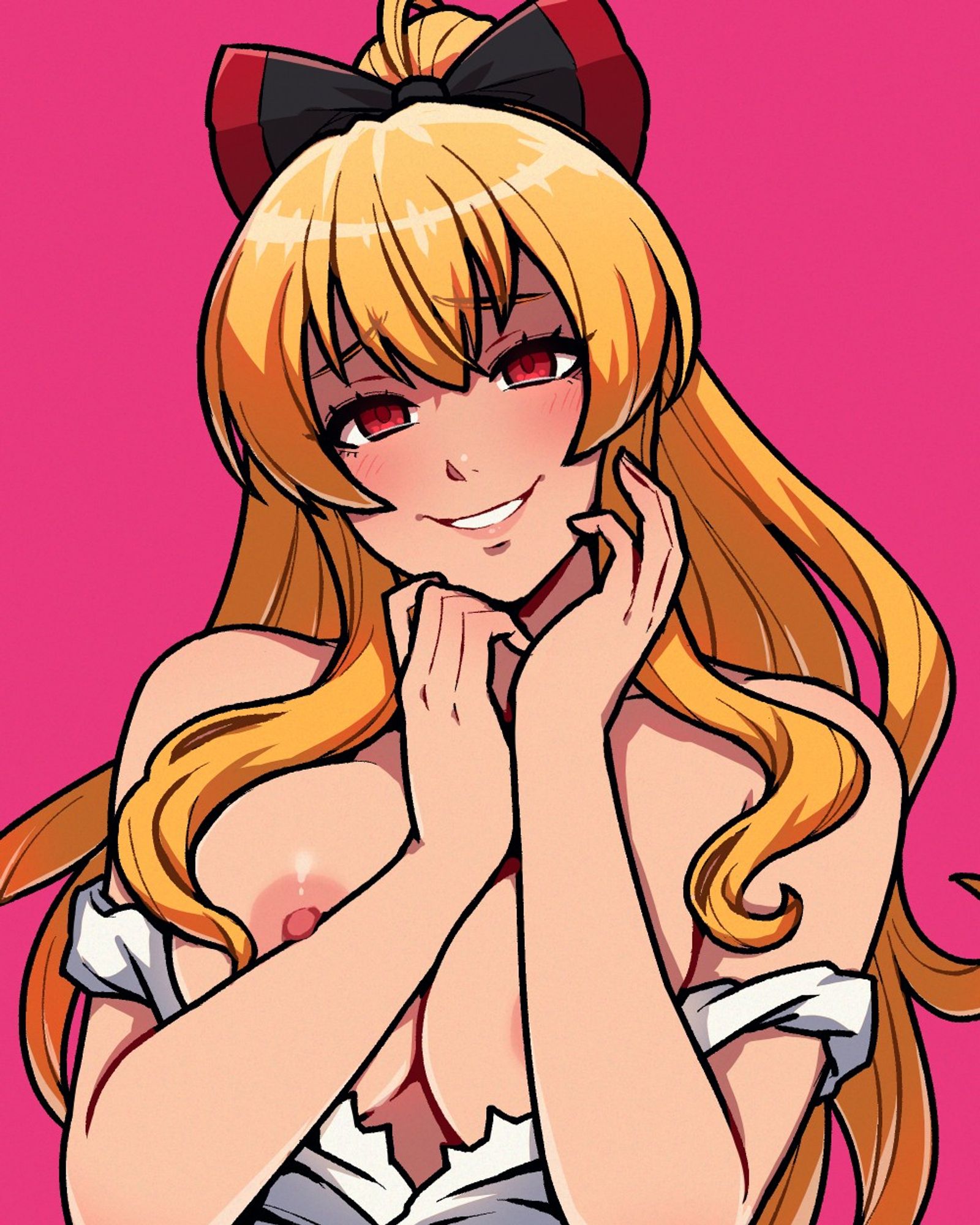 It's a drawing of Vira from Granblue! She's got her top partway off and her hands under her chin, so her forearms are squishing the tiddy. Tiddy squish is nice!