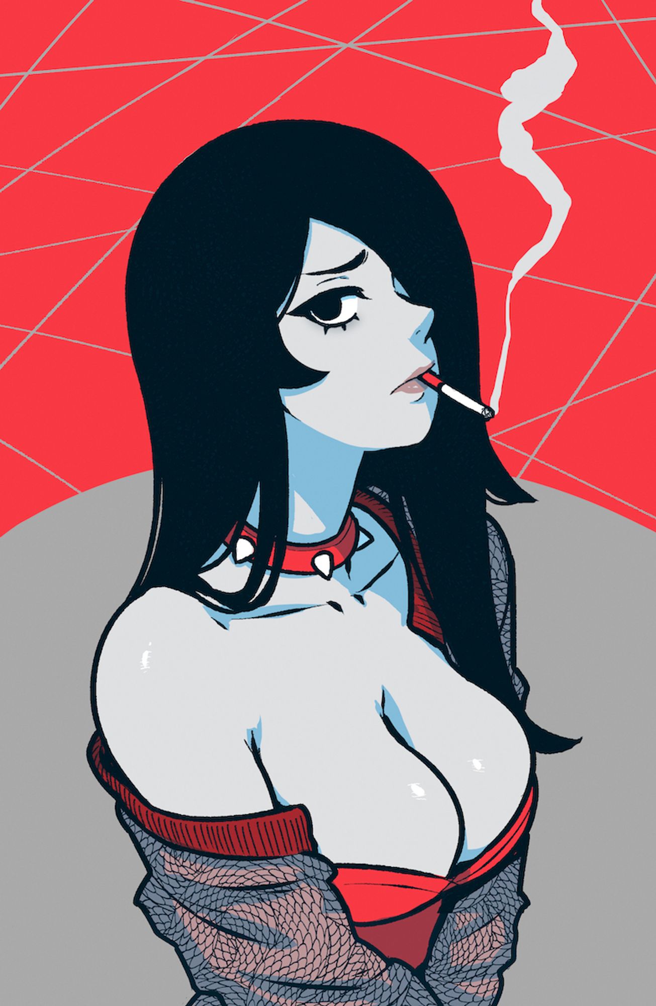 A drawing of Fuyuko, my delinquent ghost original character. She's seen from the waist up, long black hair at a 3/4 part which covers one eye and curls slightly at the ends. Her skin is white-grey, her one visible eye black and lightless and staring at the viewer and the eyebrow furrowed. A cigarette dangles from her pursed lips and a thin trail of smoke snakes up from the lit end. She wears a bright red spiked choker and a similarly colored strapless bustier, and a faded brown snakeskin-patterned souvenir jacket is draped loosely over one shoulder. The background is an abstract pattern of criss-crossed grey lines over bright red and a circular grey cutout.

I love Fuyuko. She's fun to draw, her color scheme goes hard, the tiddy is great, and I like her attitude (which is a mix of world-weary and irritated). I really gotta draw her more often.