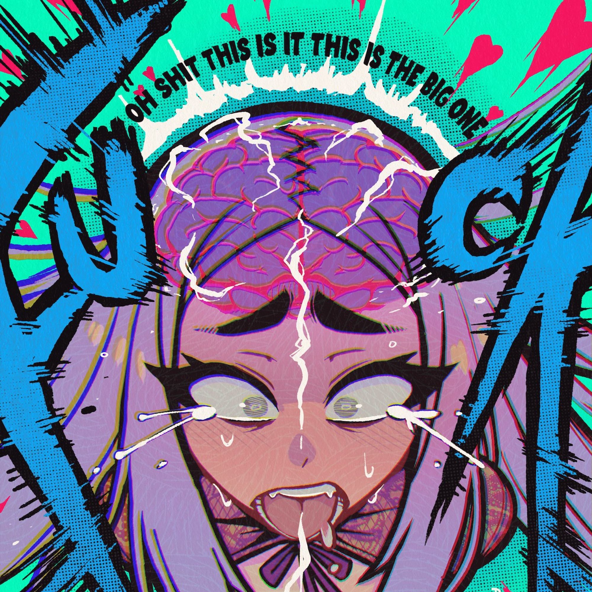 A cropped stylized drawing of a woman having the best fucking orgasm, with graphic comic and text elements. The woman is seen with a slight fish-eye perspective, her jaw slack, her eyes wide and gushing tears, sweat dripping from every pore and her thick eyebrows scrunched in an expression of animalistic rapture.Her long lavender hair is parted at the center. In a bit of stylized x-ray vision, the lines of her vivid pink brain can be seen inside her head, and white hot electricity is running up from below and enveloping it. Hearts the same color as her brain are flying out from her in all directions. Curved over her head, small text reads: OH SHIT THIS IT IT THIS IS THE BIG ONE. And to either side of her, the word FUCK is spelled out in huge blue and black letters full of action lines that radiate out from her face, seeming to imply tremendous volume and feeling.

The version on Patreon is just a little bigger, and you can see her tits. That's it! But tits are nice!