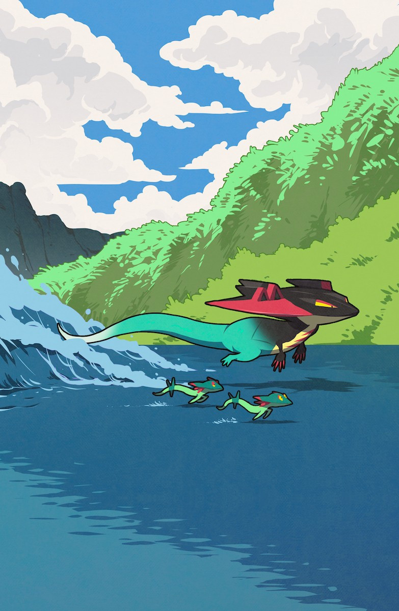 A drawing of the Pokemon Dragapult and a pair of Dreepy racing just above the water of a vast lake, waves spraying up in their wake. In the background is a green, vegetation-covered island and further back, a rocky cliffside and a blue sky mottled with fluffy white clouds. A subtle paper texture has been applied to the whole piece to give it a lived-in feel. I really love this drawing -- seeing Pokemon depicted just existing in their natural habitat is something that brings a smile to my face. I hope with practice, I can make ever cooler pieces like this, and that others will find them as compelling as my artwork of pretty ladies. It's a dream of a mine to someday have my art featured on a Pokemon TCG card, but I doubt it's possible given my history of erotic art and Pokemon's desire for a squeaky-clean image. But still...I can dream.