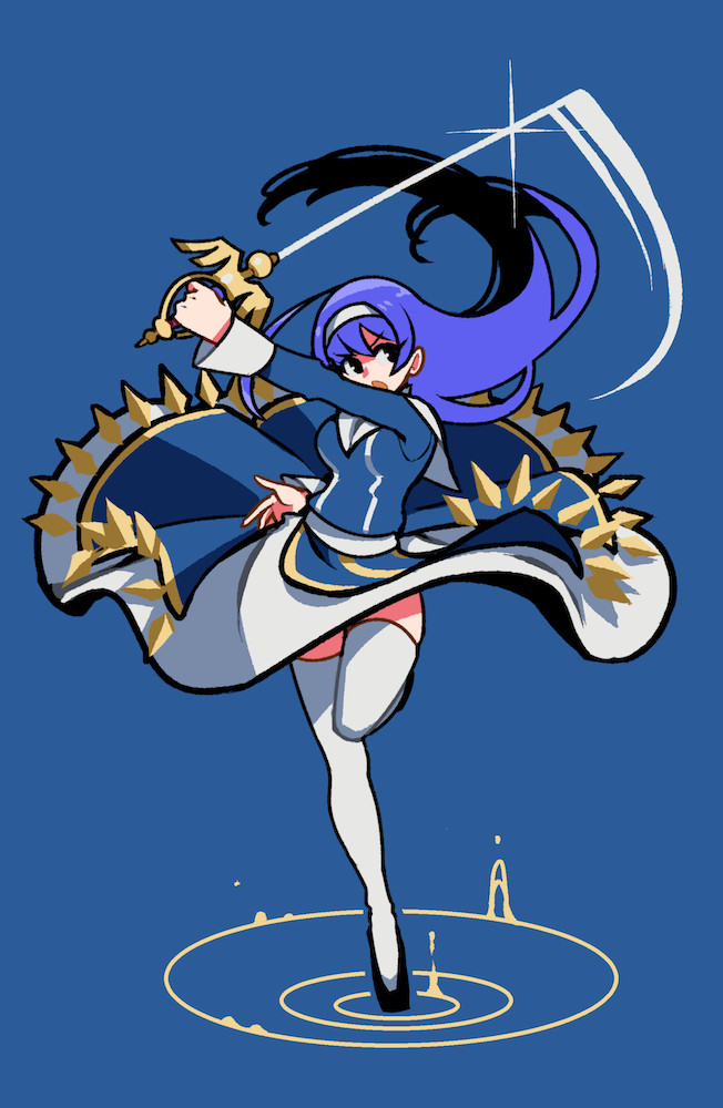 A drawing of Orie from Under Night. She's striking a battle pose, one leg extended down and driving her forward while the other leg is bent at the knee. She holds a glinting gold-handled rapier in her left hand, swinging it in an arc, drawing her right arm behind her. Her purple-blue hair trails behind her, her long skirt flutters around her, and she stands on gold rings of energy on a flat blue background. Overall, the style is very simple with a minimal palette and a focus on gesture and composition.

This is a piece I was honored to contribute to @chaesuart's amazing Orie fanbook years ago -- I made some prints at the time, and I still have some left. Since I still like the art and there's a new UNI game out, it seemed like a good time to share it again and remind people that the print is available! Orie cute!!