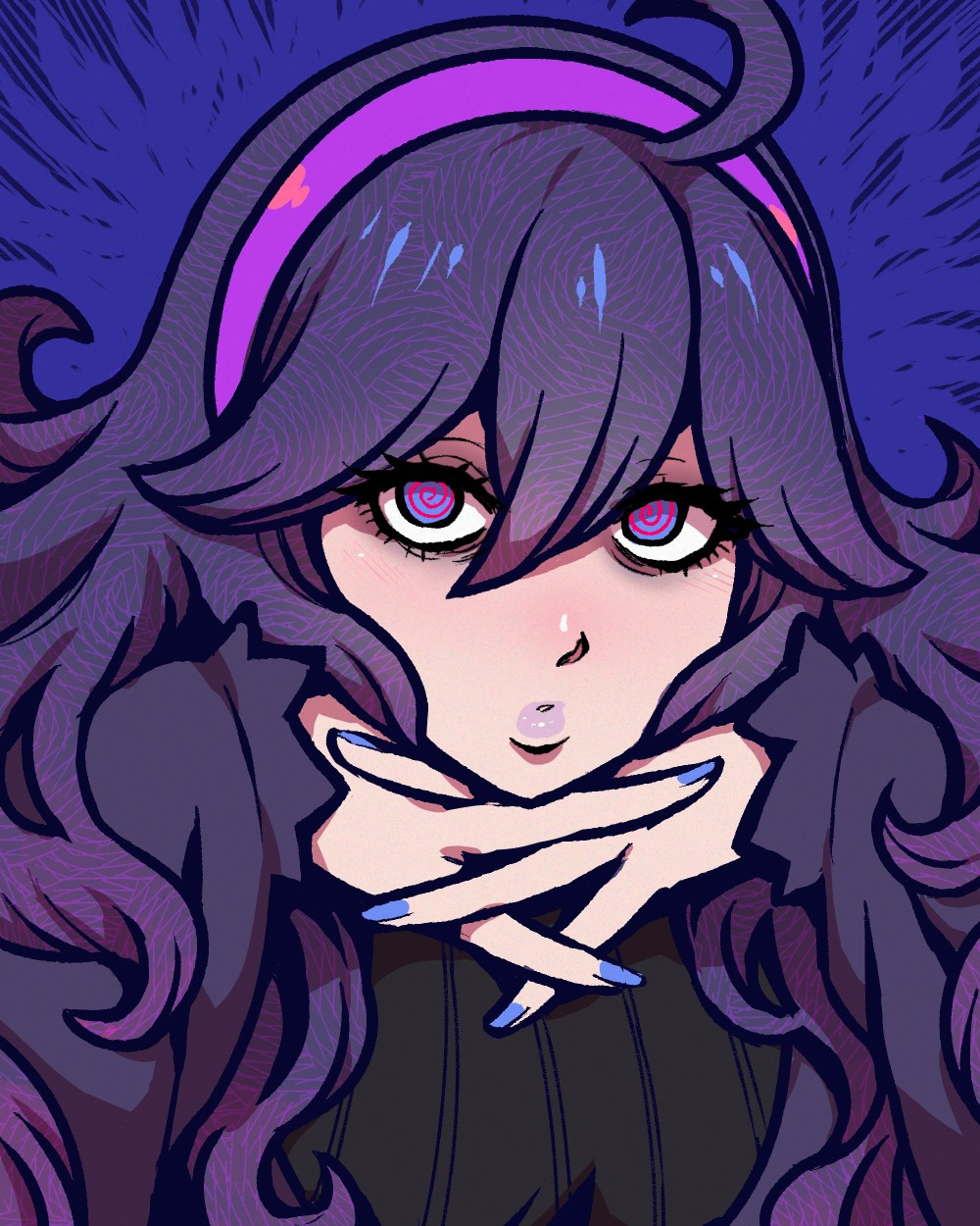 a portrait-style artwork of Hex Maniac -- her fingers are interlaced under her chin, and she has a swirling pattern in her hair