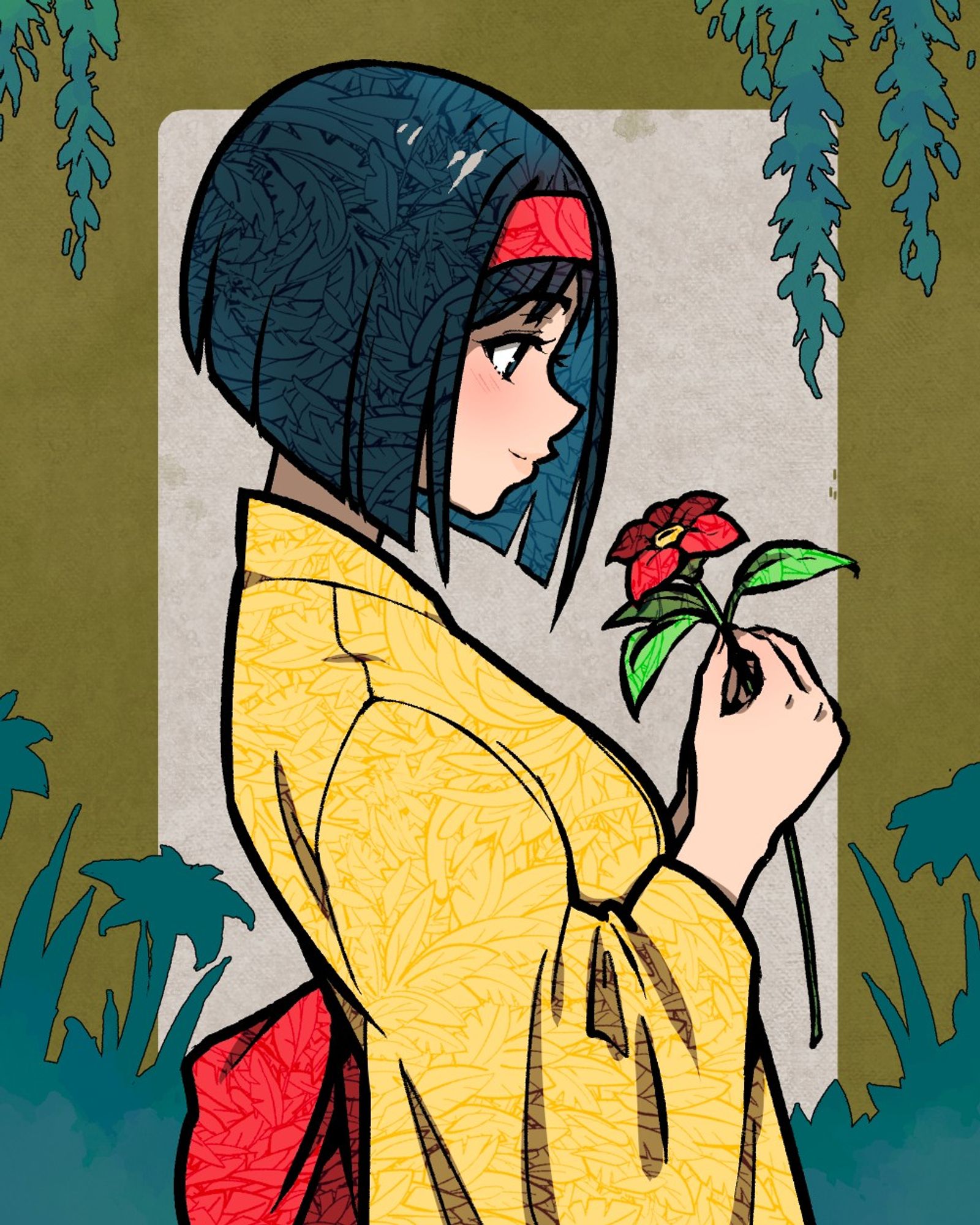 A drawing of Erika from Pokemon. She's viewed in profile, holding a flower. Patterns of leaves are lightly visible in her hair and kimono.