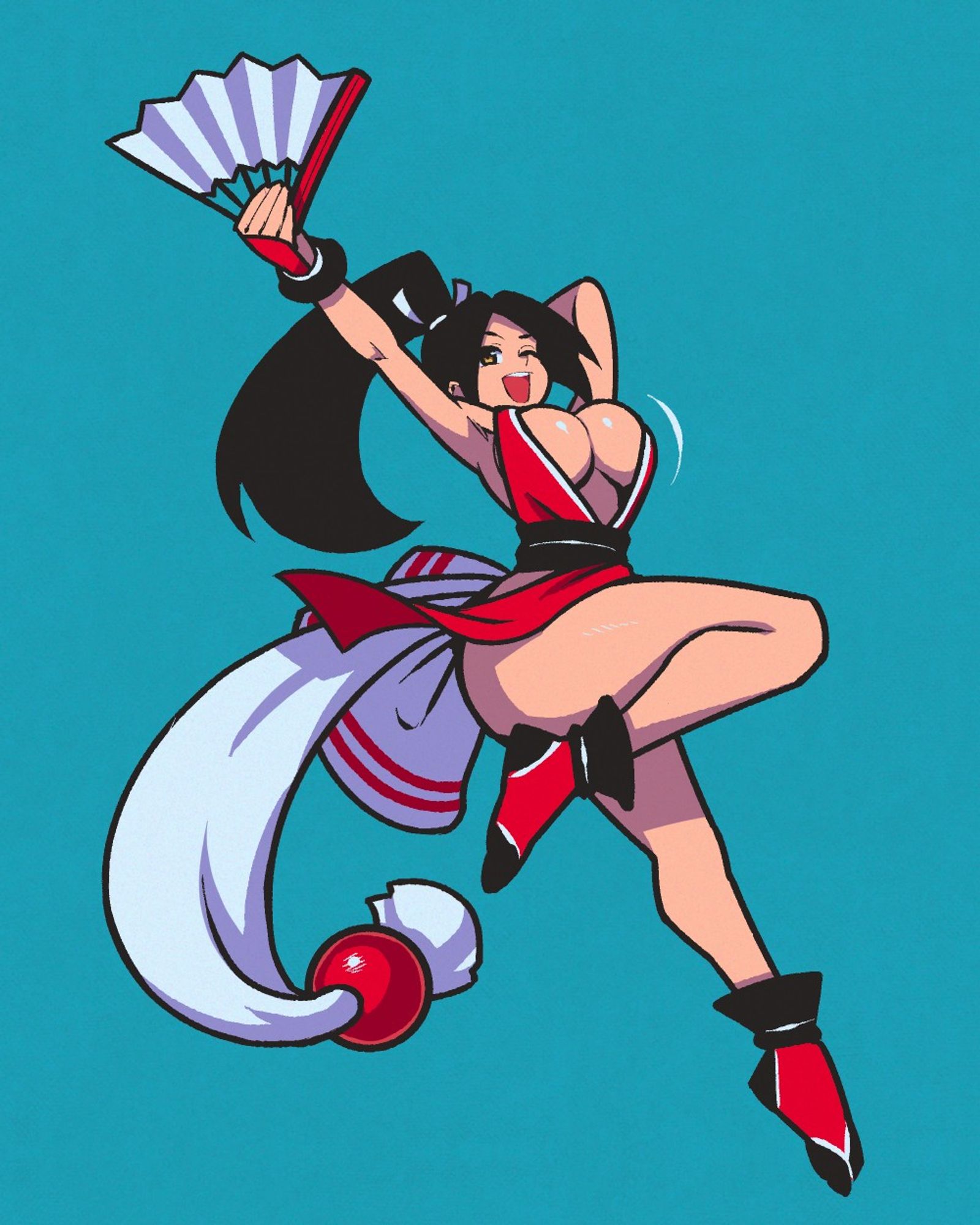 A simple drawing of Mai Shiranui from King of Fighters -- she's jumping down from a high place, holding her fan up, chest bouncing boobily.