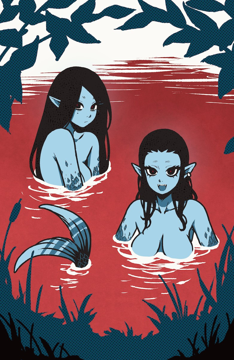 Two blue-skinned mermaids float in a body of pure red liquid, framed by leaves, branches and shoreline weeds. They stare directly at the viewer -- one smiles with an open mouth, displaying sharp teeth, while the other is more reserved. I still really like this piece, and that's why I made it into a print that's available now in my online shop -- to fit the print format, I had to extend the borders of the composition vertically. It'll also work better as a phone background now or as a wallpaper on a vertical monitor.