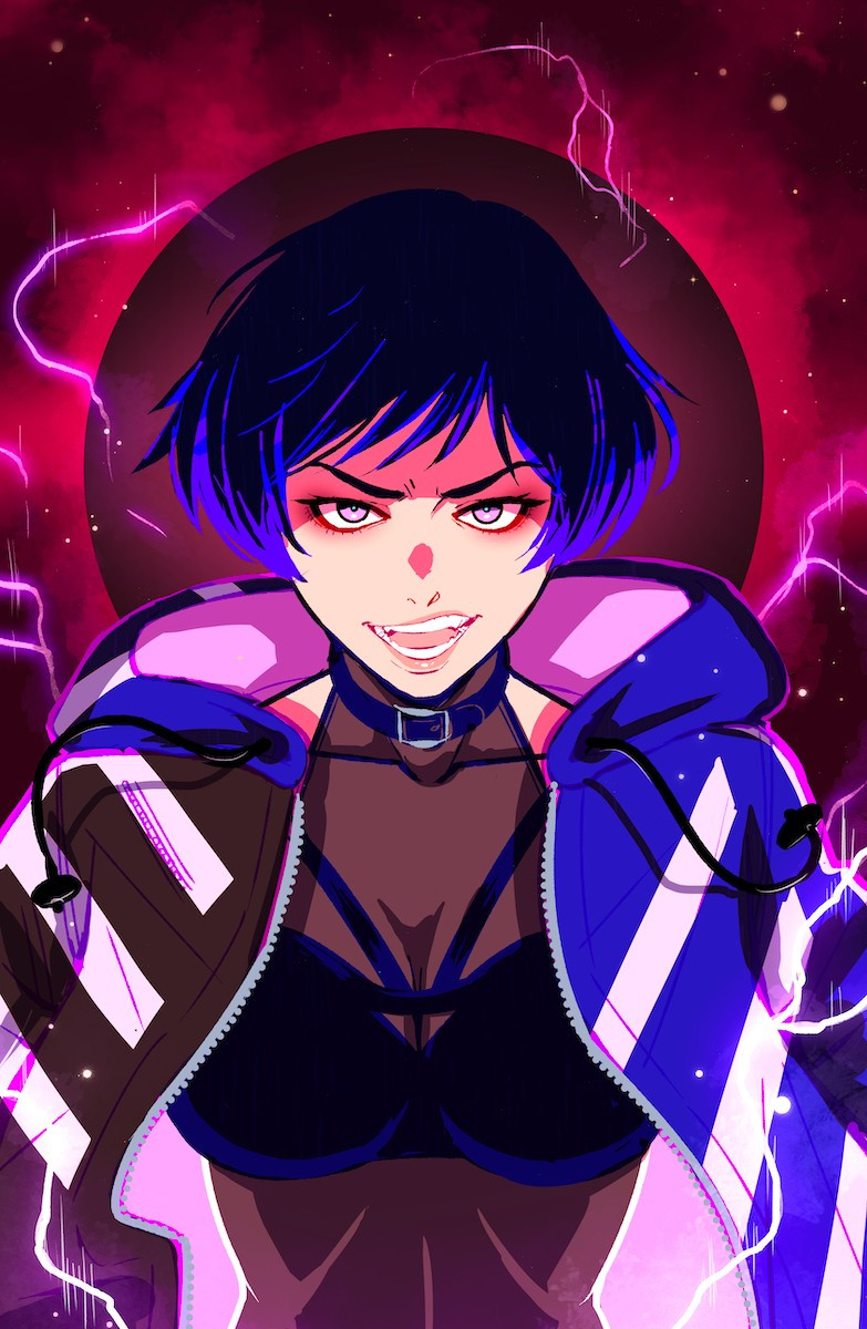 A drawing of Reina from Tekken. She's seen from the waist up, lit from below by crackling purple electricity, short black-and-purple hair framing her face, upper lip curled in a teeth-baring snarl, eyebrows furrowed, eyes glaring at the viewer. Her striped windbreaker jacket flutters, the drawstrings of the hood flailing from the overflowing aura emanating from her body. Beneath the jacket, she wears a choker, a black strappy bra top and a sheer halter. Behind her, a red orb of dark energy floats like an evil halo.

I gave up on learning Tekken 8 for now because it's really hard and I enjoy GBVS more, but Reina's still very cool.