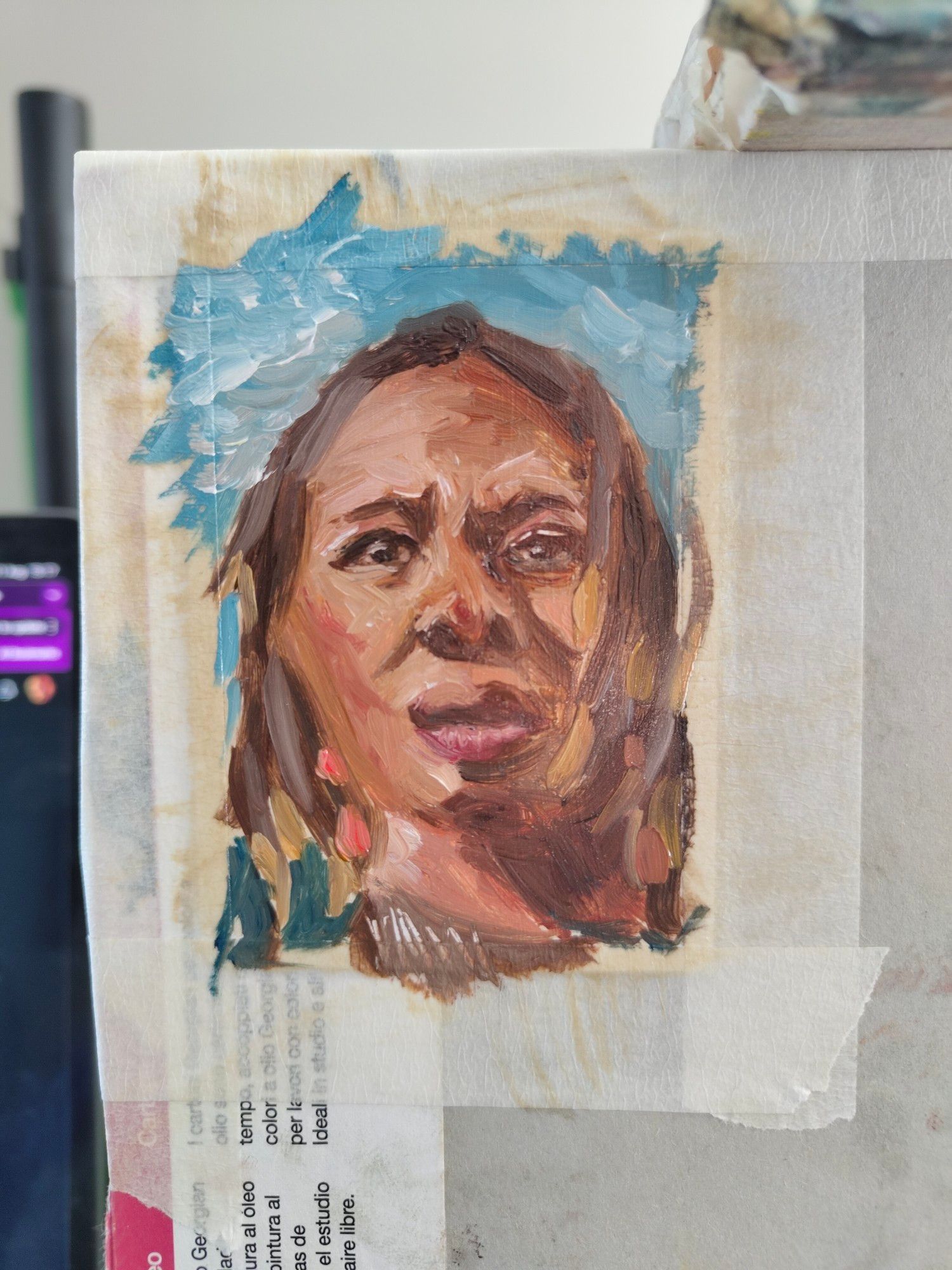 An oil painting of a person with blonde-tipped dreadlocks in front of a blue sky.