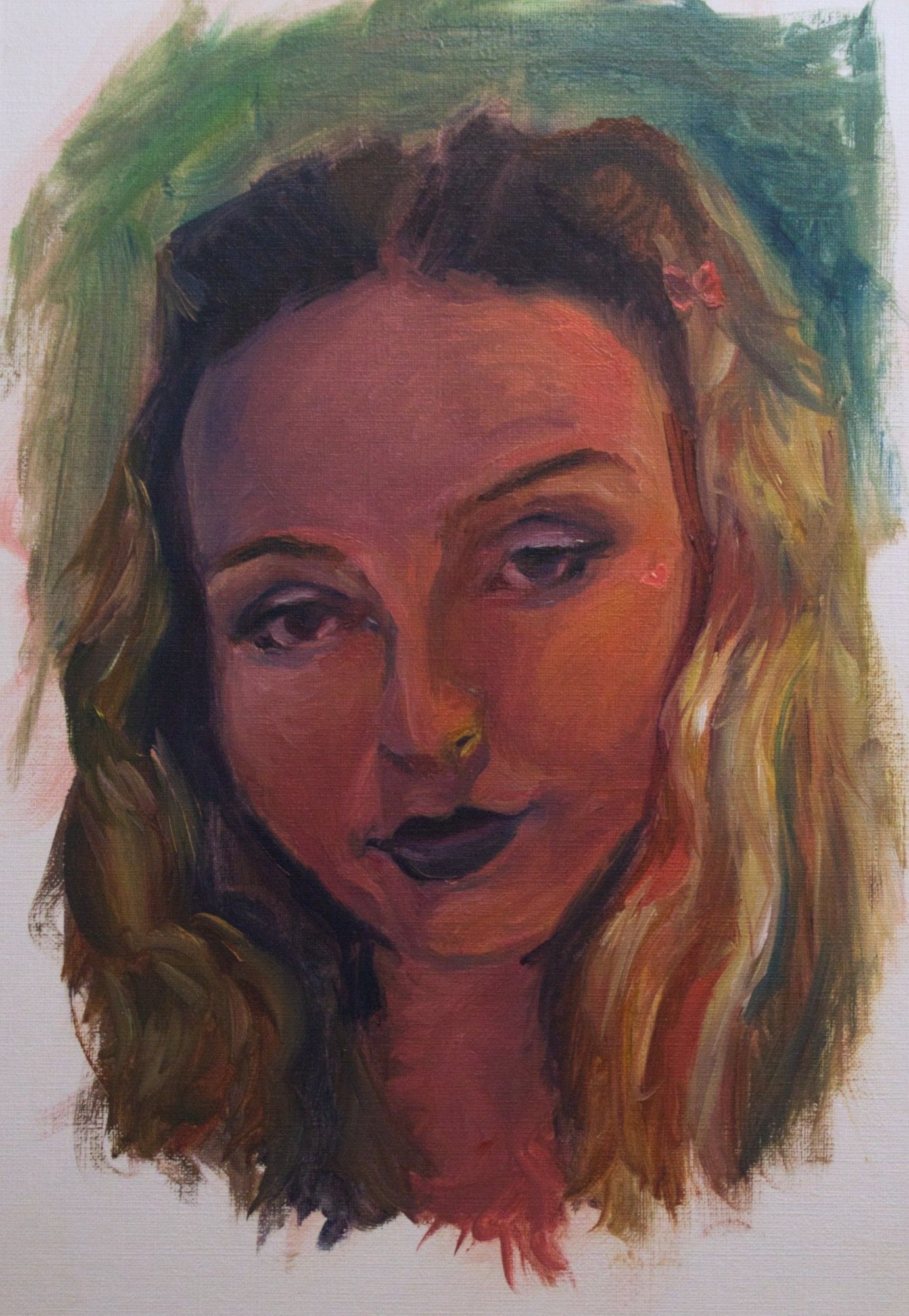 An oil painting of a pretty face with dark purple lips and lightly shadowed but "winged" eyes. There's an orange heart on the cheek and a tiny butterfly clip in the long light brown hair. The shadows are mostly purple, and the highlights are mostly yellow.