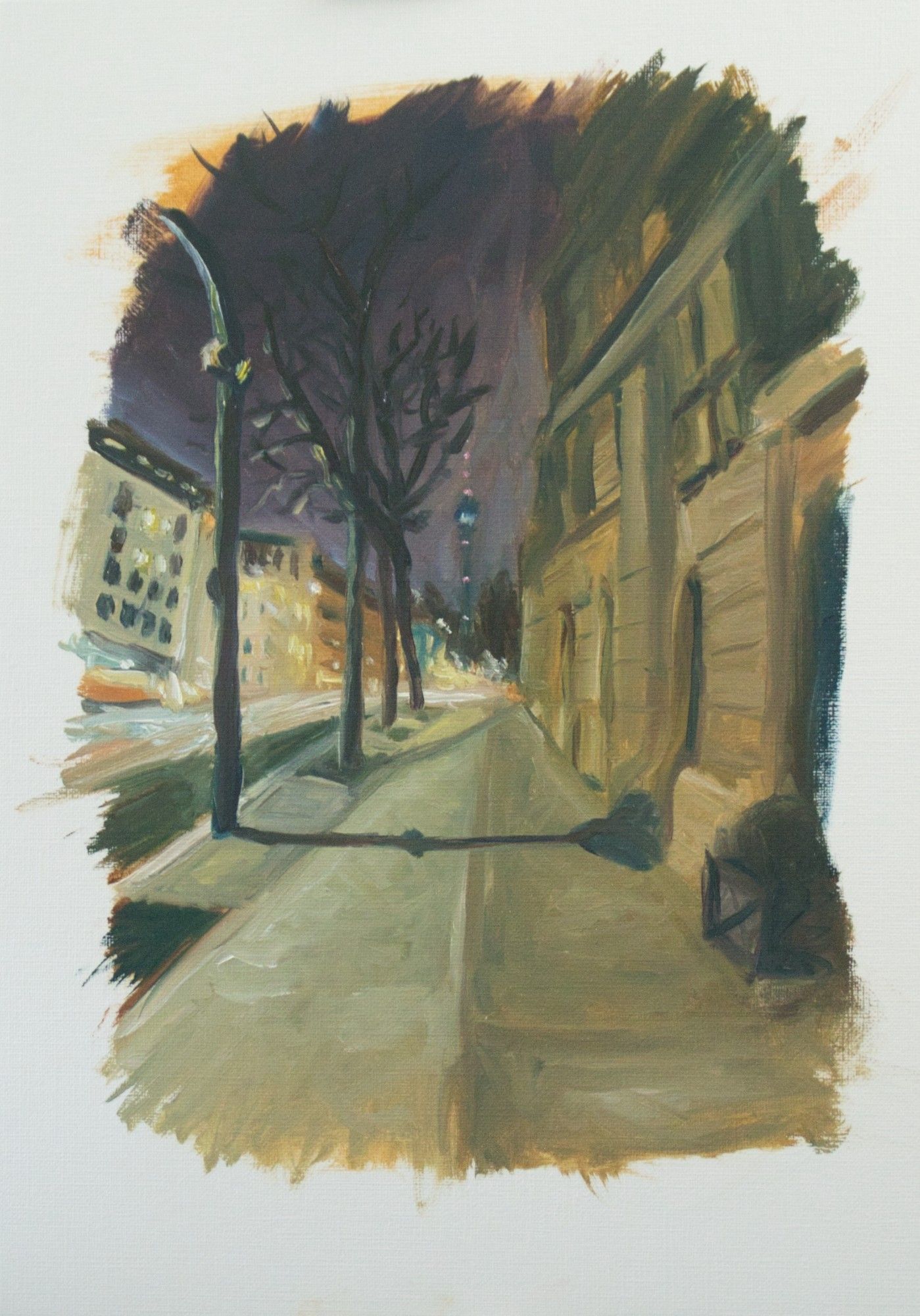 A sketchy oil painting of a night time scene in Berlin. The Fernsehturm tower stands in the distance. Parallel lines of perspective from the pavement and the buildings focus the viewer's eyes towards it.