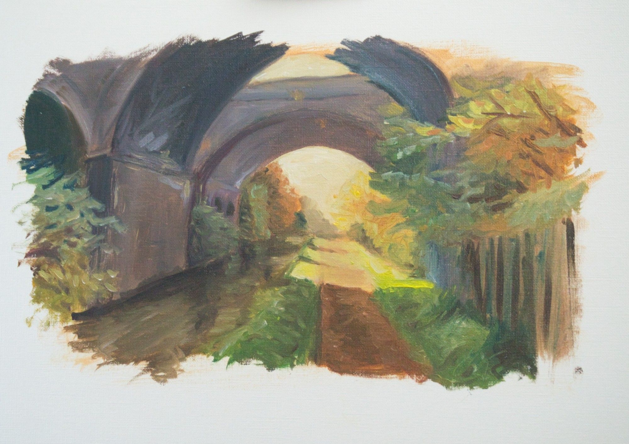 An impressionistic oil painting of the Staffordshire and Worcestershire canal running underneath two viaducts. The lighting is golden and the scene early autumnal.