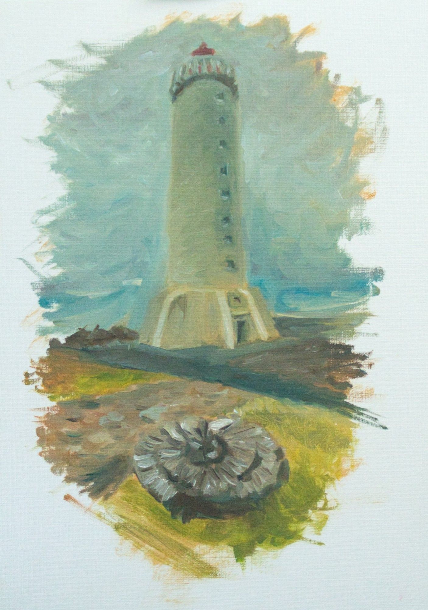 A sketchy oil painting of the lighthouse at Akranes, Iceland. In the foreground is a sculpture of an ammonite fossil, whilst the lighthouse rears up in the background.