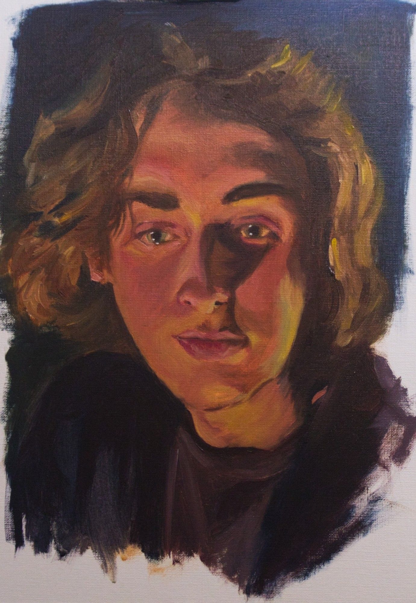 An oil painting of a young person in the late evening illuminated by several artificial orange light sources.