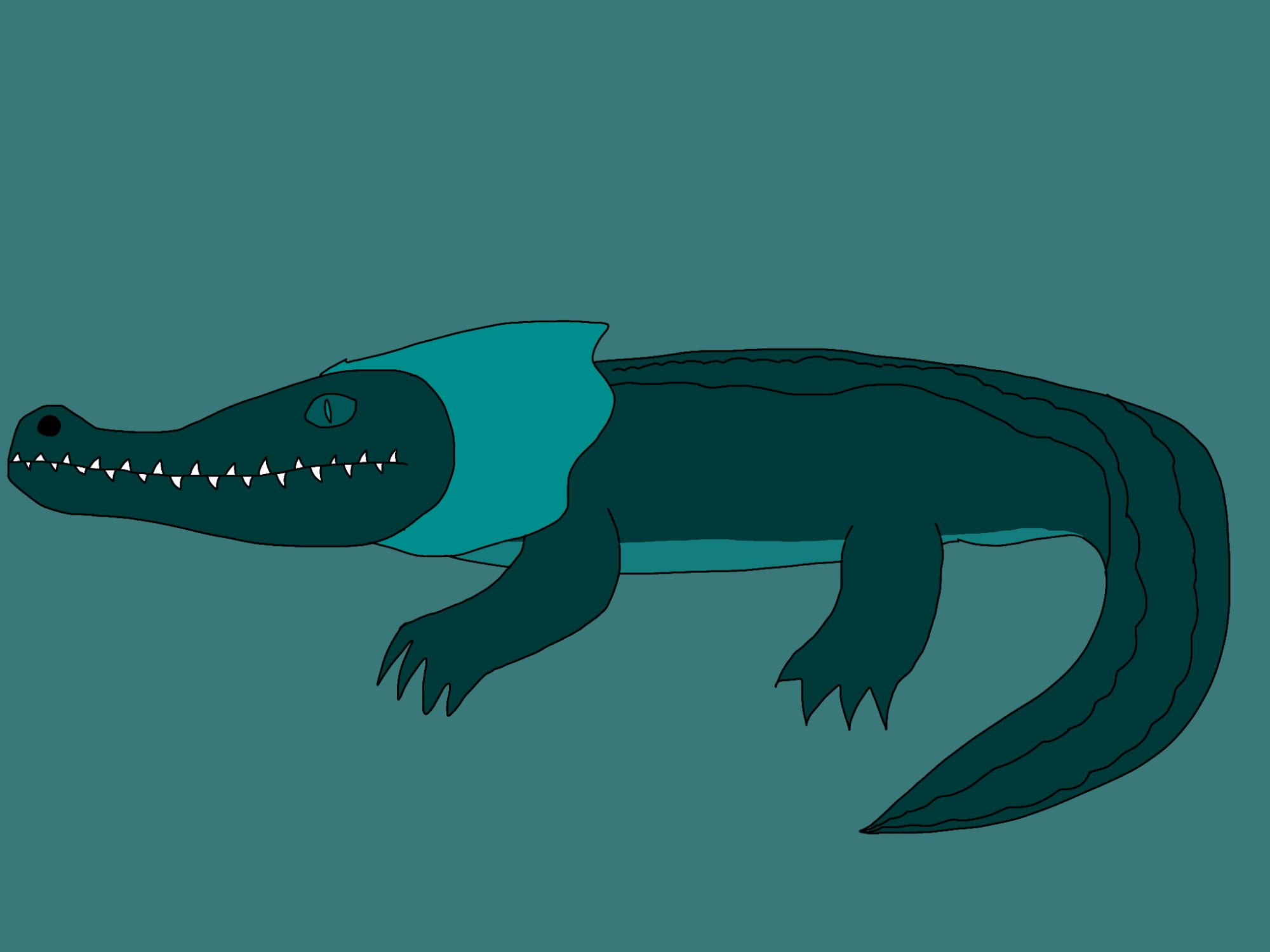 Jiutai a large crocodile with teal hair covering to the back of the head and neck, she's covered in dark teal scales with a lighter underside and she has dark teal eyes with teal pupils