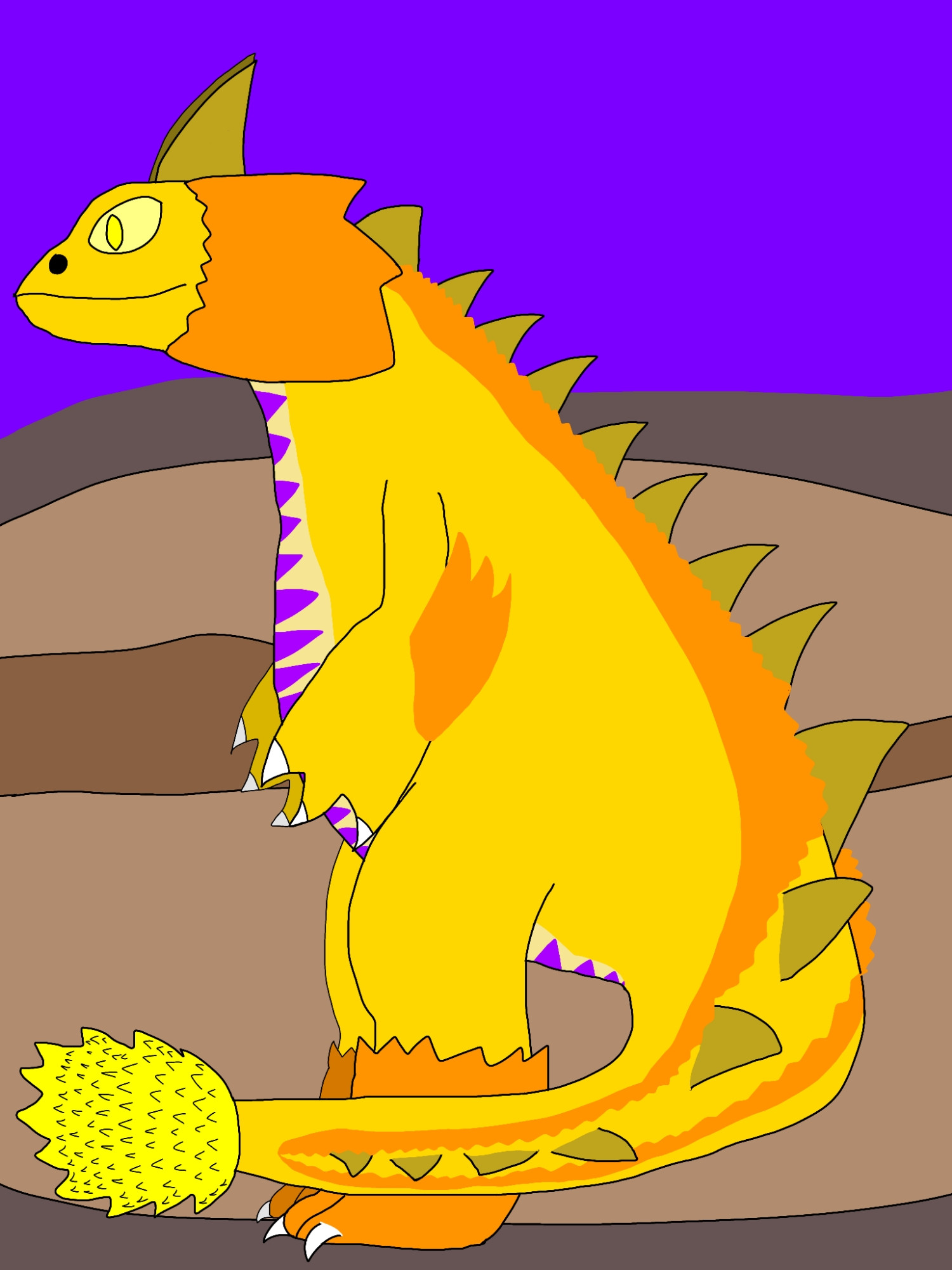 Yumeko a large tyrannosaur like Dragon with a golden yellow coloration and a lighter yellow underside with purple stripes, she has firery orange fur covering part of her head, her elbows and going down her back down to the tip of her tail which has a large jagged crystalline club, she has two dark yellow horns and several dark yellow spines going down her back ending slightly before the fur does, her head is similar in shape to a Basilisk Lizard with large pale yellow eyes with yellow pupils, her arms are very pronounced with large hands that have three fingers with white claws suited to digging and her feet are bear like with fur covering her legs from the shin down and white claws