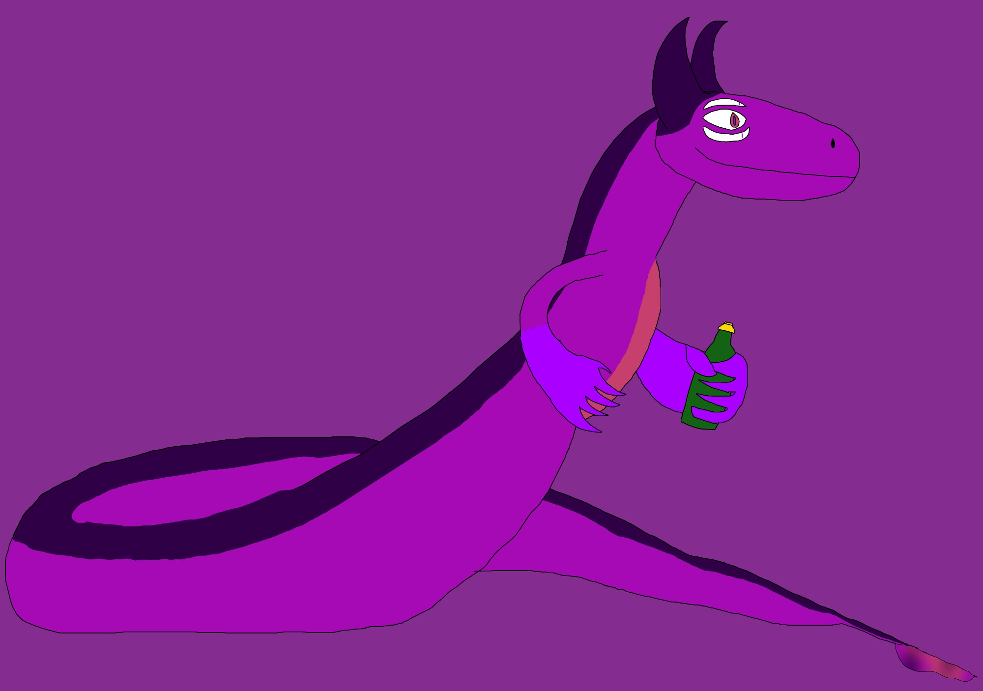 Konma a massive purple snake with a 2 dark purple Horns and a dark carapace on the back, he has a purple-red patch on his chest and has two arms with crystalline forearms near the end of his tail his body collapses into a puddle of multicolored flesh, he has six eyes with purple pupils