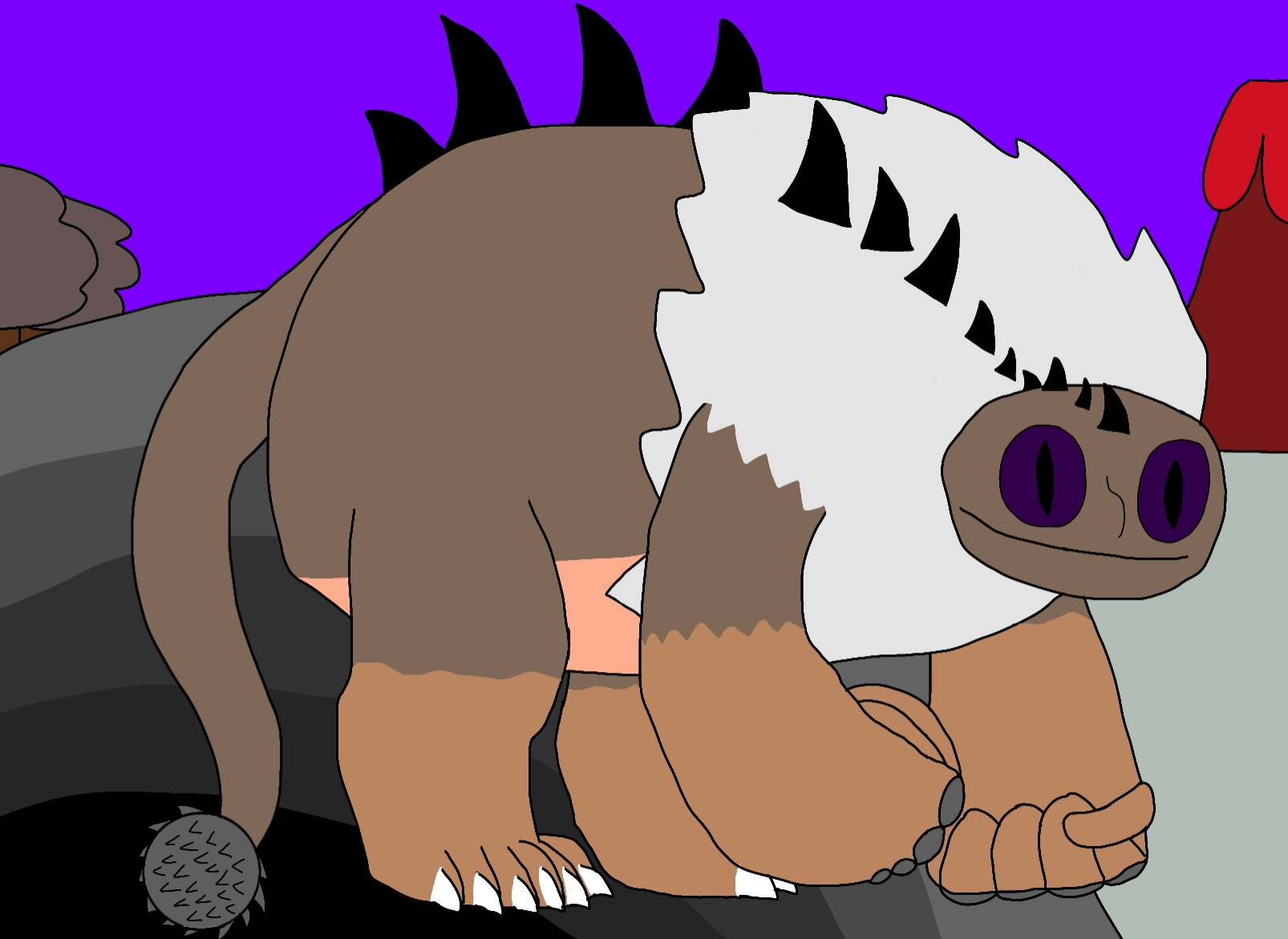 Pictured the Brutisaur known as Acemane which is a large reptilian creature with black spines running down his back and a large amount of greyish fur covering his neck and shoulder areas he walks of all fours with his forelimbs being used to knuckle walk and resembling hands, his feet are large and have six toes that are tipped in white claws both his hands and feet are covered in dark tan colored osteoderms that start at the knee and elbow, Acemane also has a long tail with a spikey circular object at the end, he has a short snout with a large mouth and dark purple eyes, Acemane has brown skin and a peach skin colored underside